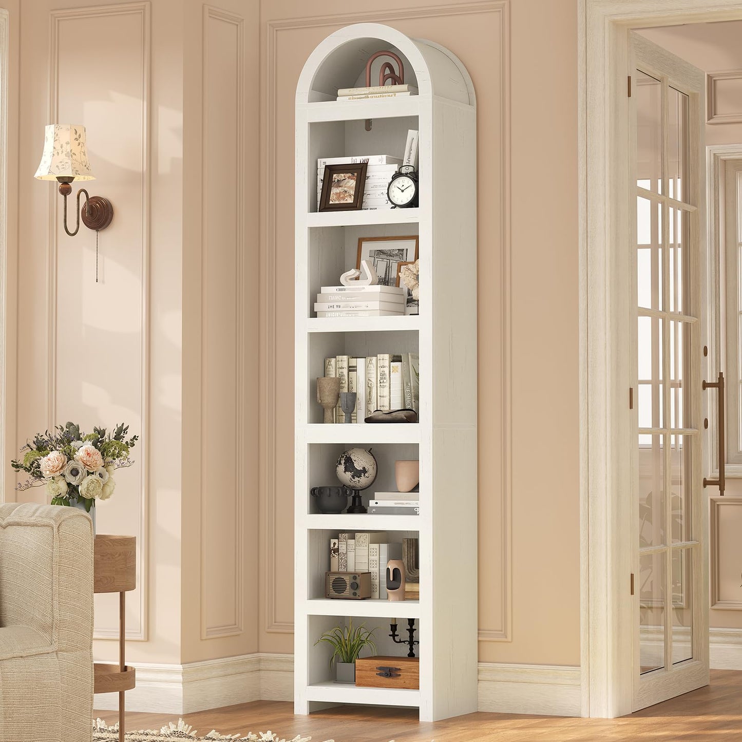 81" Tall Arched Cabinets,Bookcase with storage,Mid-Century Modern 6-Tier Bookshelf with Door,2 Book Risers and Adjustable Shelves offering more storage space for Living Room,Kitchen,Home Office,Walnut