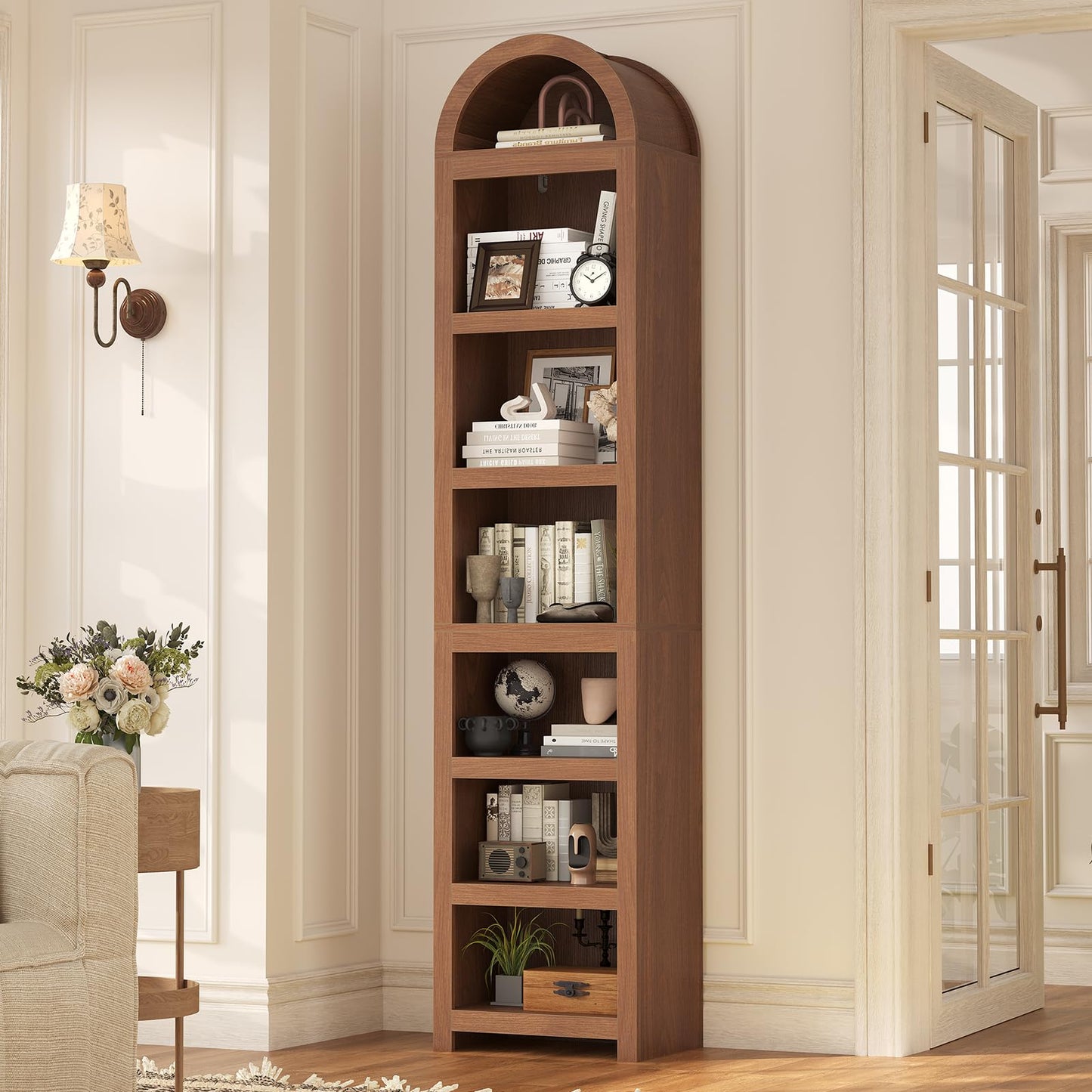 81" Tall Arched Cabinets,Bookcase with storage,Mid-Century Modern 6-Tier Bookshelf with Door,2 Book Risers and Adjustable Shelves offering more storage space for Living Room,Kitchen,Home Office,Walnut