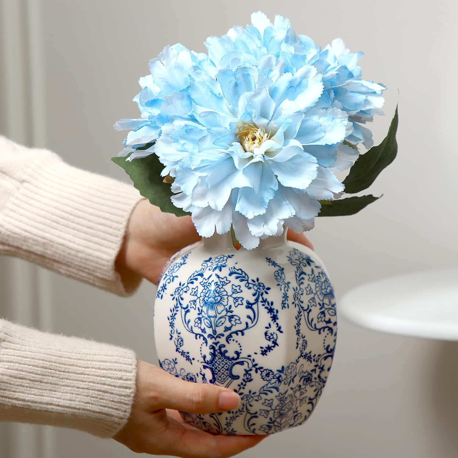 2 Pcs Blue and White Vintage Vase Chinoiserie Floral Vase 9.5'', 6'' Rustic Ceramic Vases for Home Decors, Living Room, Bookshelf, Office, Grand Millennial Decor, Chinoiserie Decors