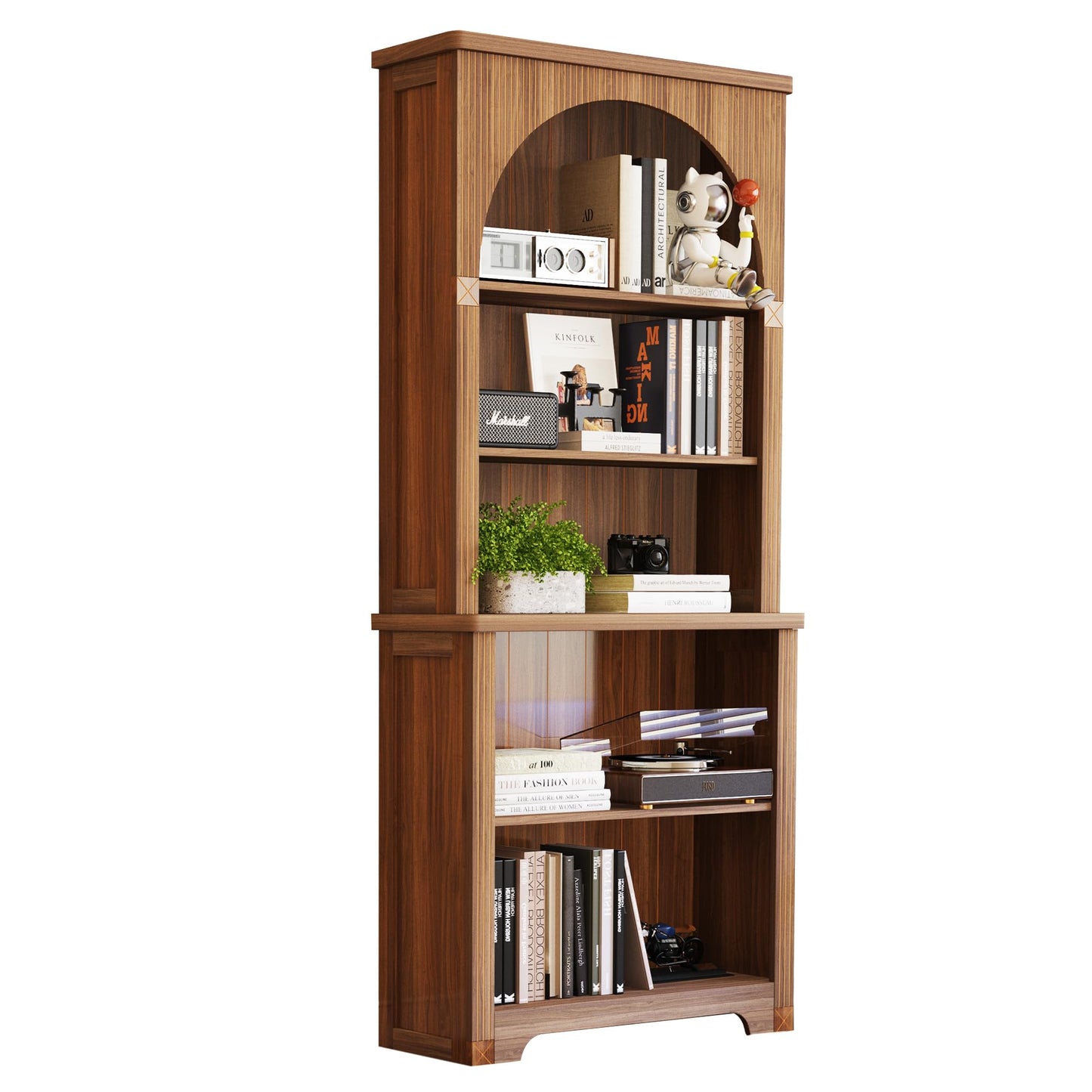 Janmer Home 71" Tall Arched Bookcase with Doors | 6-Tier Mid-Century Modern Arched Bookshelf Storage Cabinet | Adjustable Shelves | Freestanding Display Shelf for Living Room, Office (Natural)