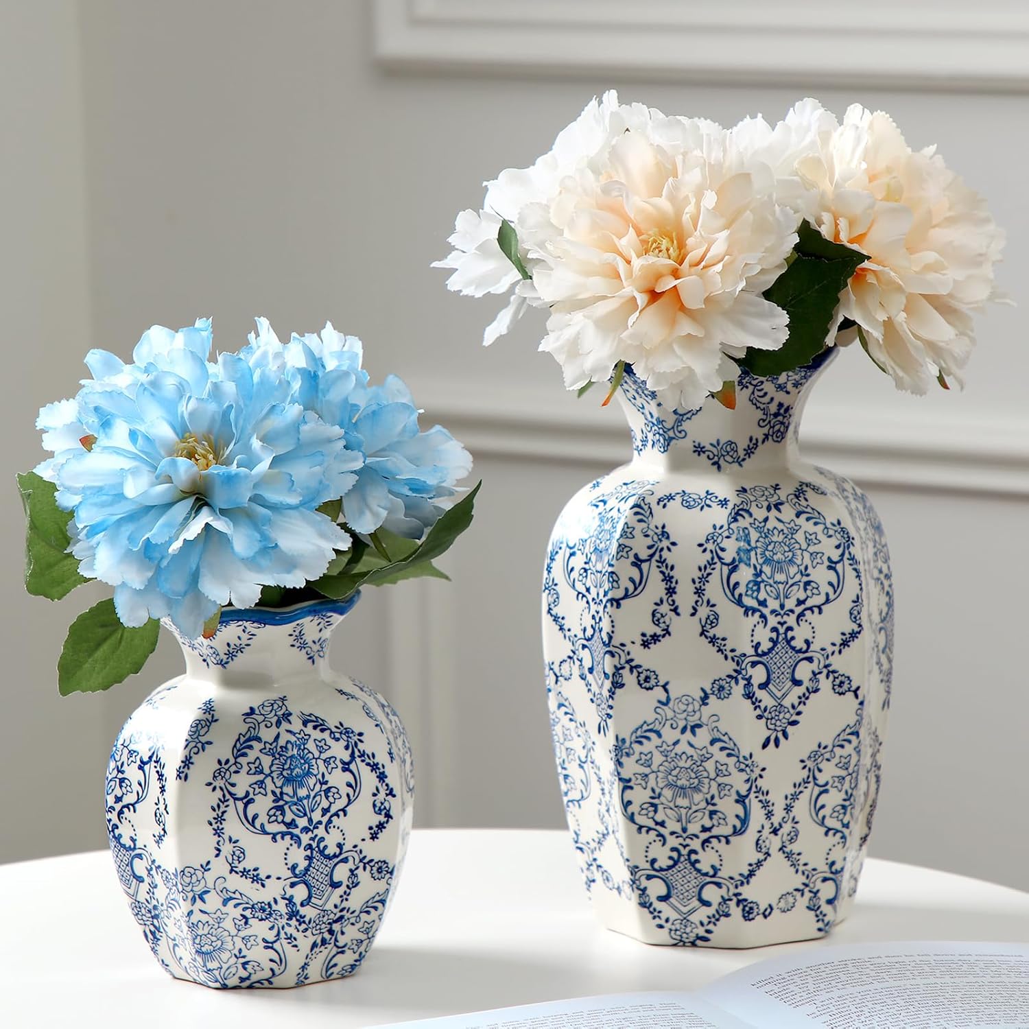 2 Pcs Blue and White Vintage Vase Chinoiserie Floral Vase 9.5'', 6'' Rustic Ceramic Vases for Home Decors, Living Room, Bookshelf, Office, Grand Millennial Decor, Chinoiserie Decors