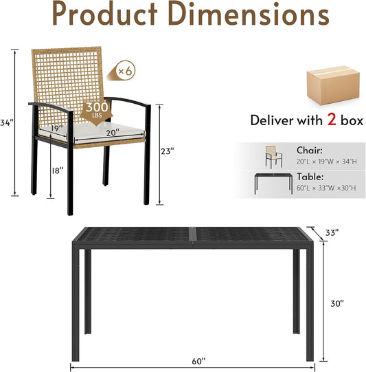 7-Piece 6-Seater Wicker Patio Dining Set with Aluminum Woodgrain Table & Cushioned Chairs