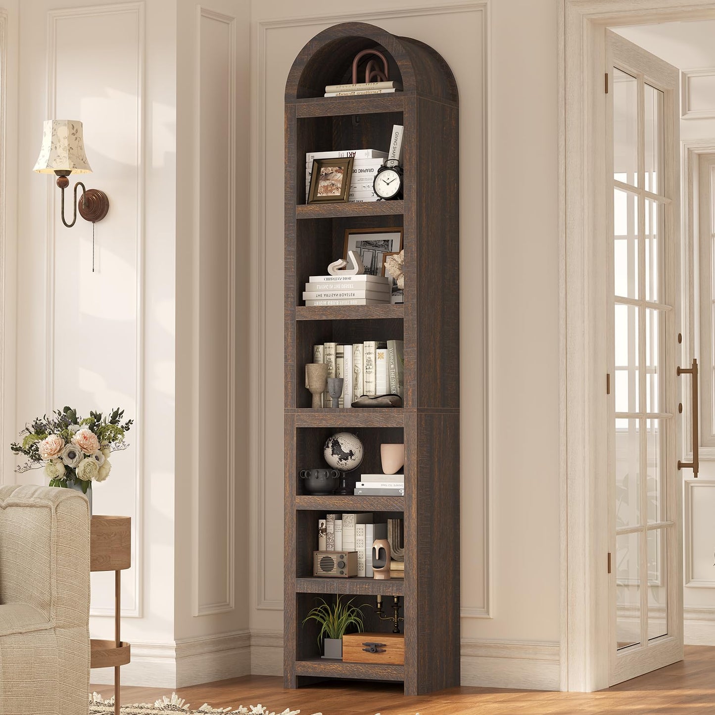 81" Tall Arched Cabinets,Bookcase with storage,Mid-Century Modern 6-Tier Bookshelf with Door,2 Book Risers and Adjustable Shelves offering more storage space for Living Room,Kitchen,Home Office,Walnut