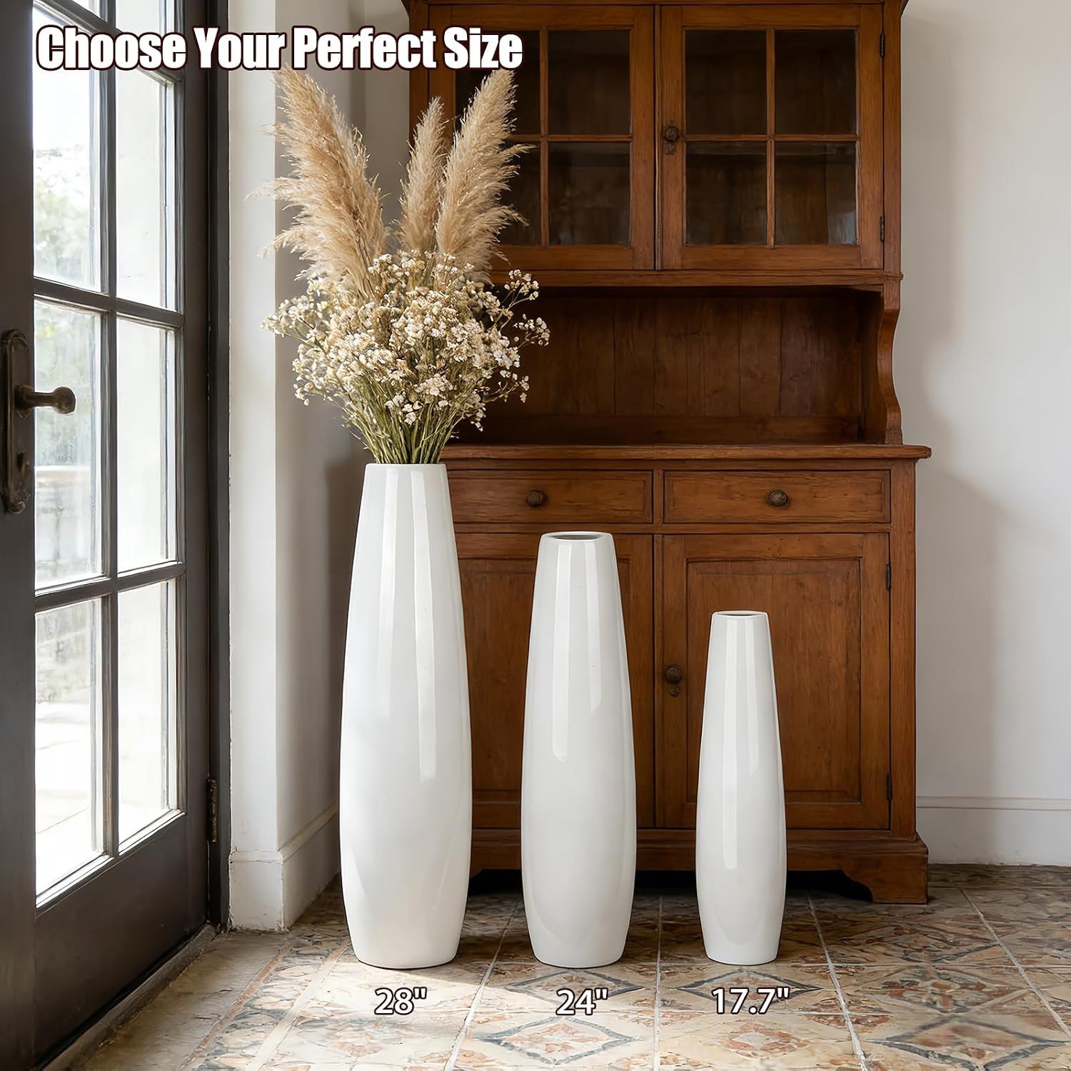 24" Tall Ceramic Floor Vase, GDSZJLJ White Large Decorative Vases for Modern Home Decor, Living Room, Minimalist Style Big Flower Vase for Pampas Grass, Flowers, Twigs, Office, Bedroom Décor