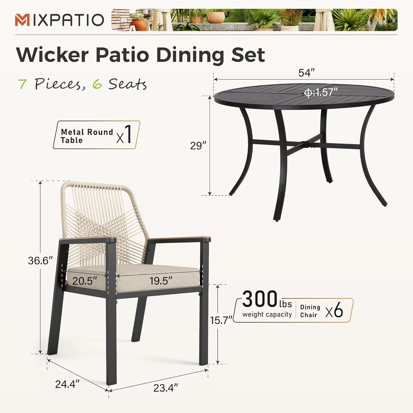 MIXPATIO 7 Pieces Round Outdoor Dining Set for 6, Patio Dining Set Wicker Rattan Chairs with Soft Cushion and 54" Round Table with Umbrella Hole, Round Patio Table and Chairs for Backyard Porch