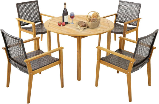 Tangkula 5 Pieces Patio Dining Set, 4 Patio Wicker Armchairs and Round Acacia Wood Dining Table, Outdoor Table and Chairs Set for Backyard, Poolside, Garden
