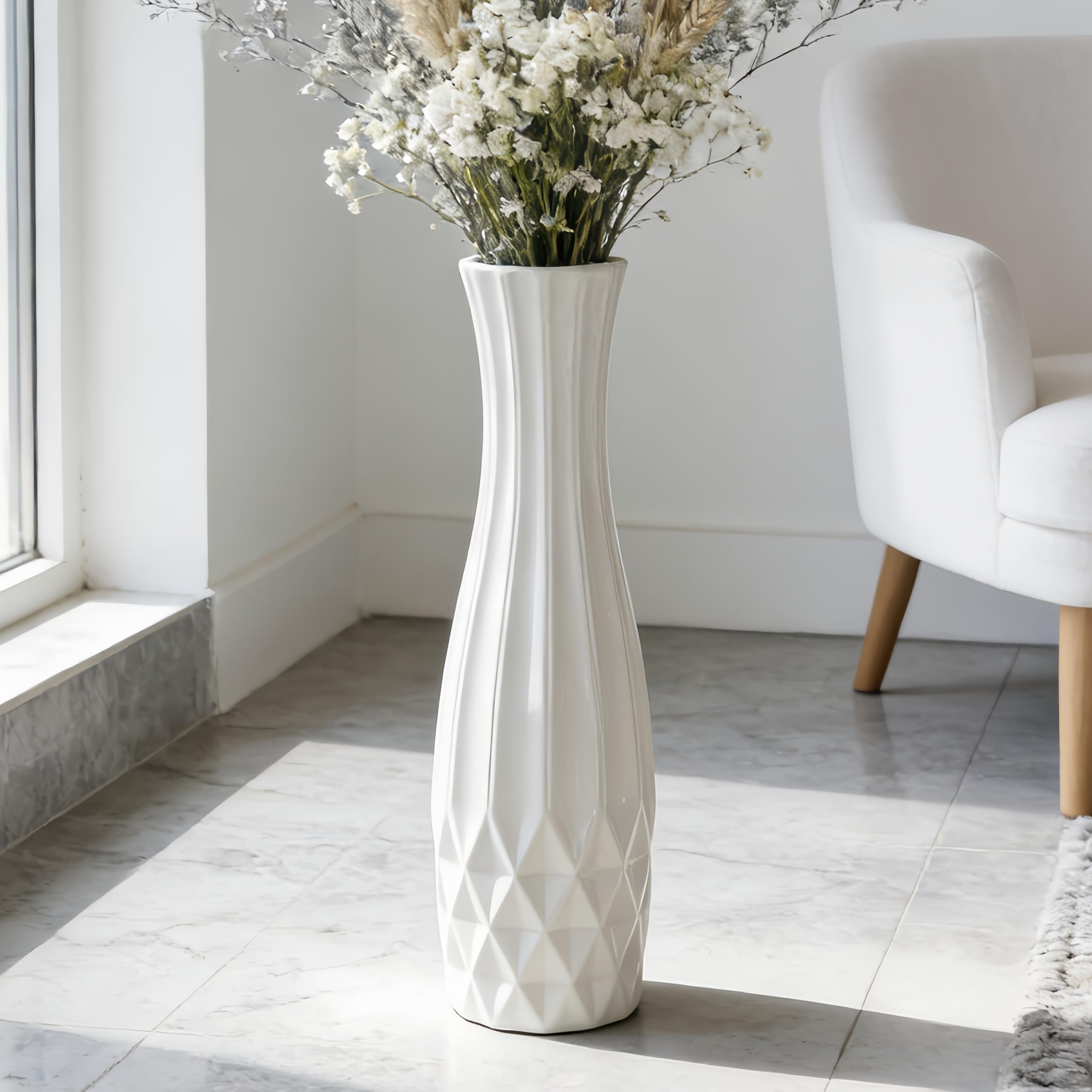 24" Tall Ceramic Floor Vase, GDSZJLJ White Large Decorative Vases for Modern Home Decor, Living Room, Minimalist Style Big Flower Vase for Pampas Grass, Flowers, Twigs, Office, Bedroom Décor