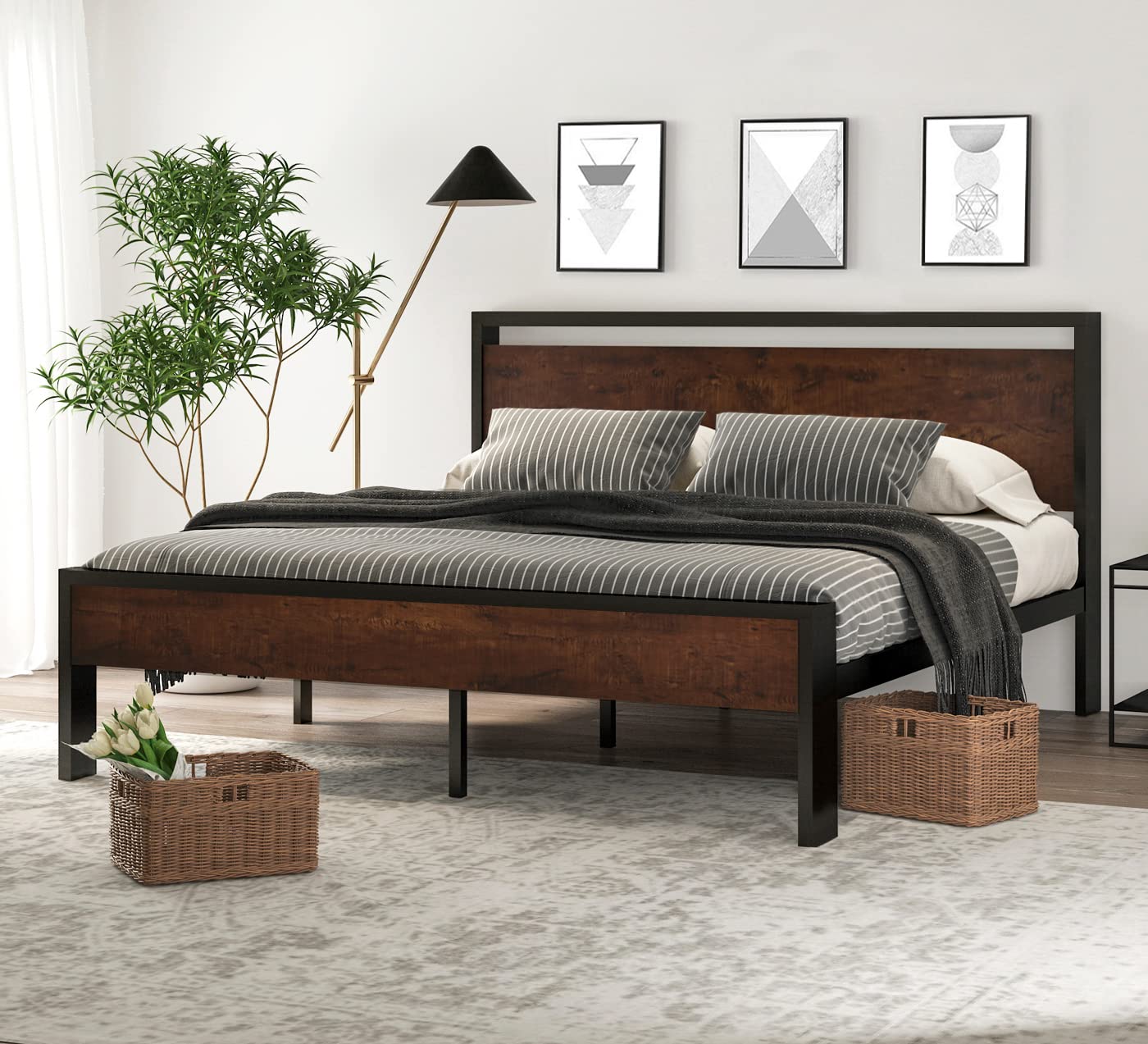 SHA CERLIN 14 Inch Queen Size Metal Platform Bed Frame with Wooden Headboard and Footboard, Mattress Foundation, No Box Spring Needed, Large Under Bed Storage, Non-Slip Without Noise, Mahogany