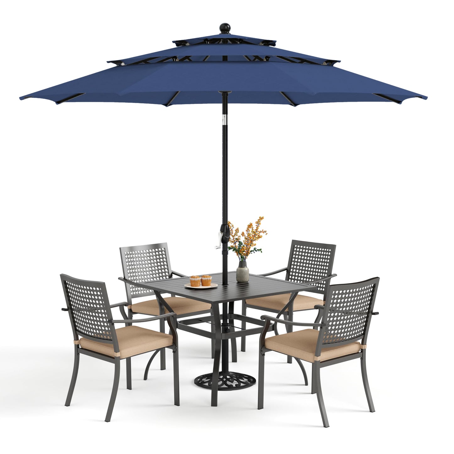 PHI VILLA 5 Pieces Outdoor Dining Set for 4 with Umbrella, 42" Large Round Metal Steel Table & Stackable Iron Chairs with Cushions & 10ft Beige Umbrella, Modern Furniture for Patio, Deck, Yard, Porch