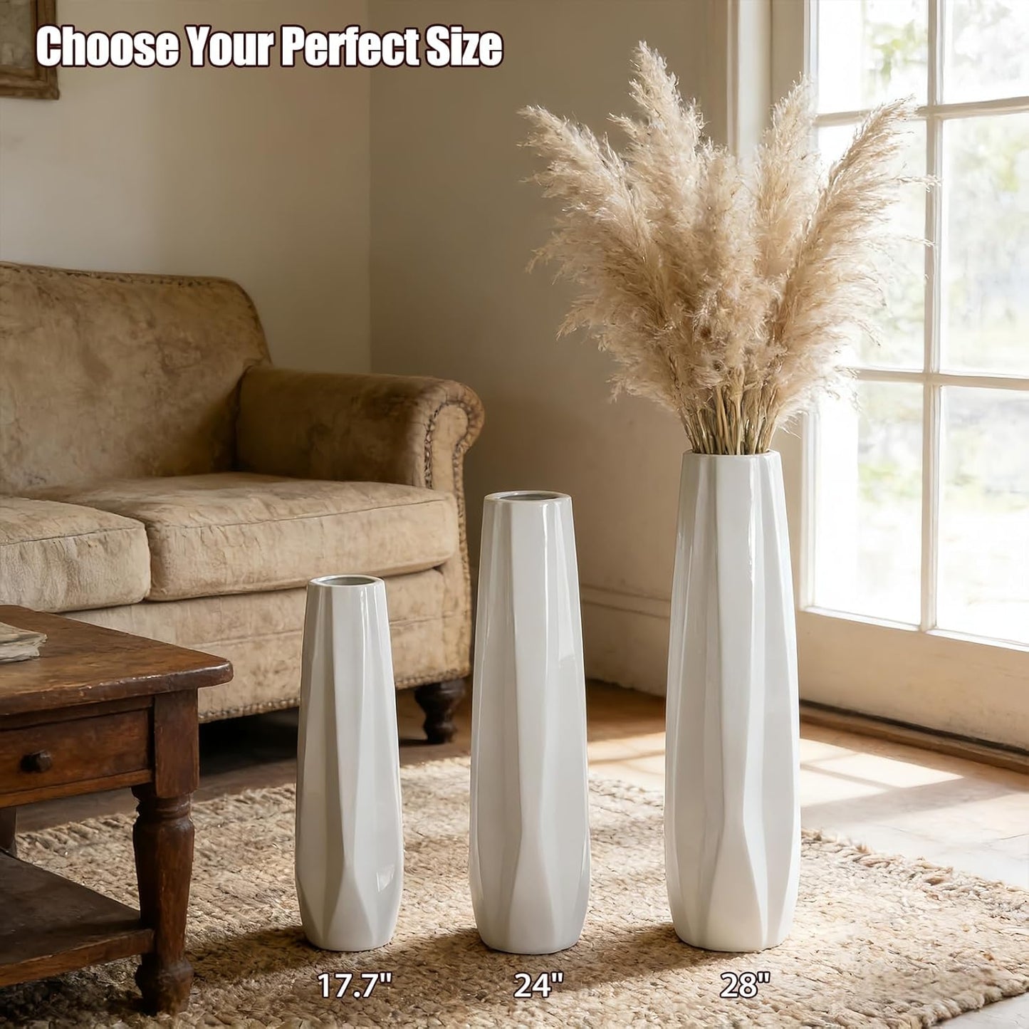 Ceramic Large Floor Vase, GDSZJLJ White 24" Tall Flower Vase Decorative Vases for Living Room Modern Home Decor Office Bedroom Kitchen Wedding House Décor, Gift for Wedding Housewarming