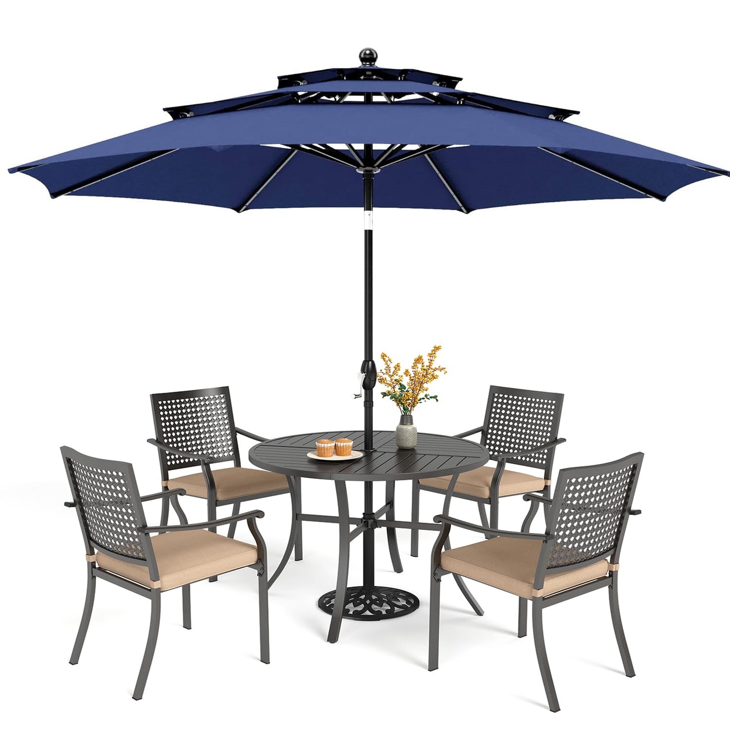 PHI VILLA 5 Pieces Outdoor Dining Set for 4 with Umbrella, 42" Large Round Metal Steel Table & Stackable Iron Chairs with Cushions & 10ft Beige Umbrella, Modern Furniture for Patio, Deck, Yard, Porch