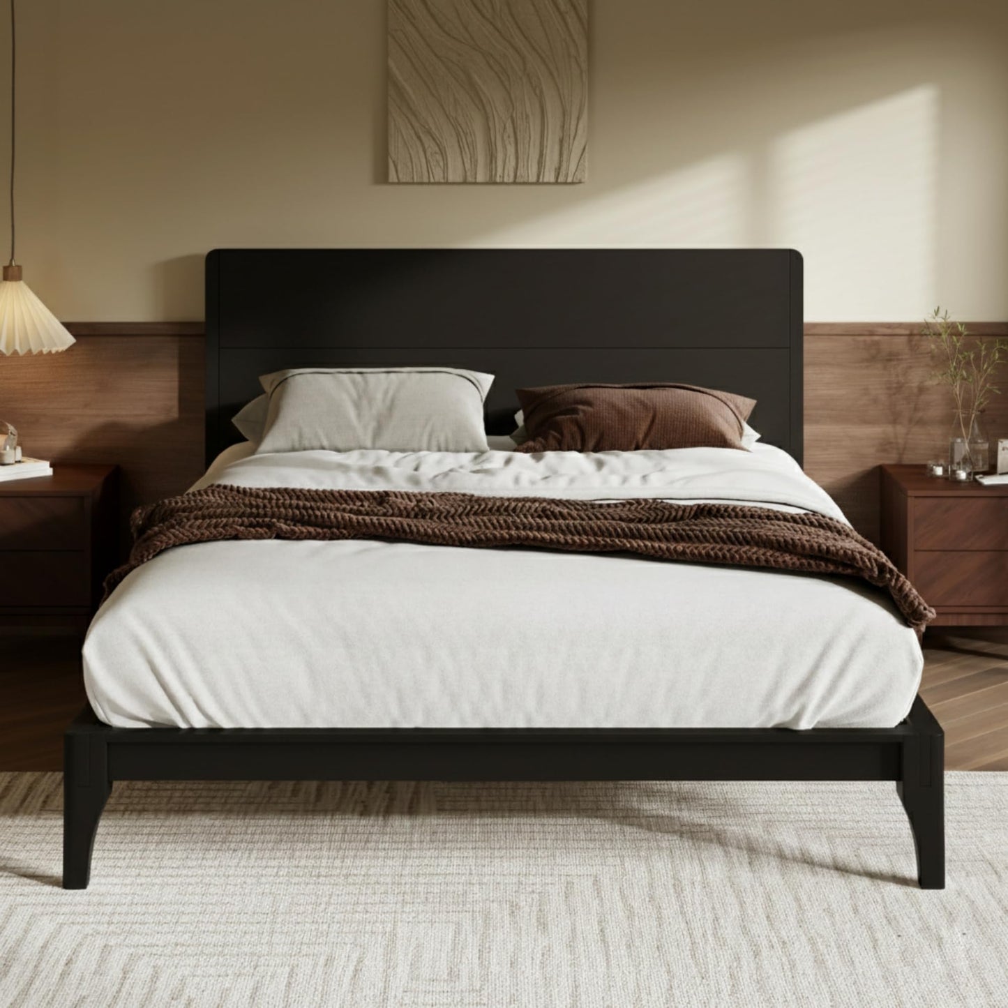Merax Queen Size Bamboo Platform Bed, Mid-Century Modern Bed Frame with Tall Headboard, Solid Sustainable Bedframe Queen-size, Wood Slat Support, No Box Spring Needed, Easy Assembly, Noise Free, Brown