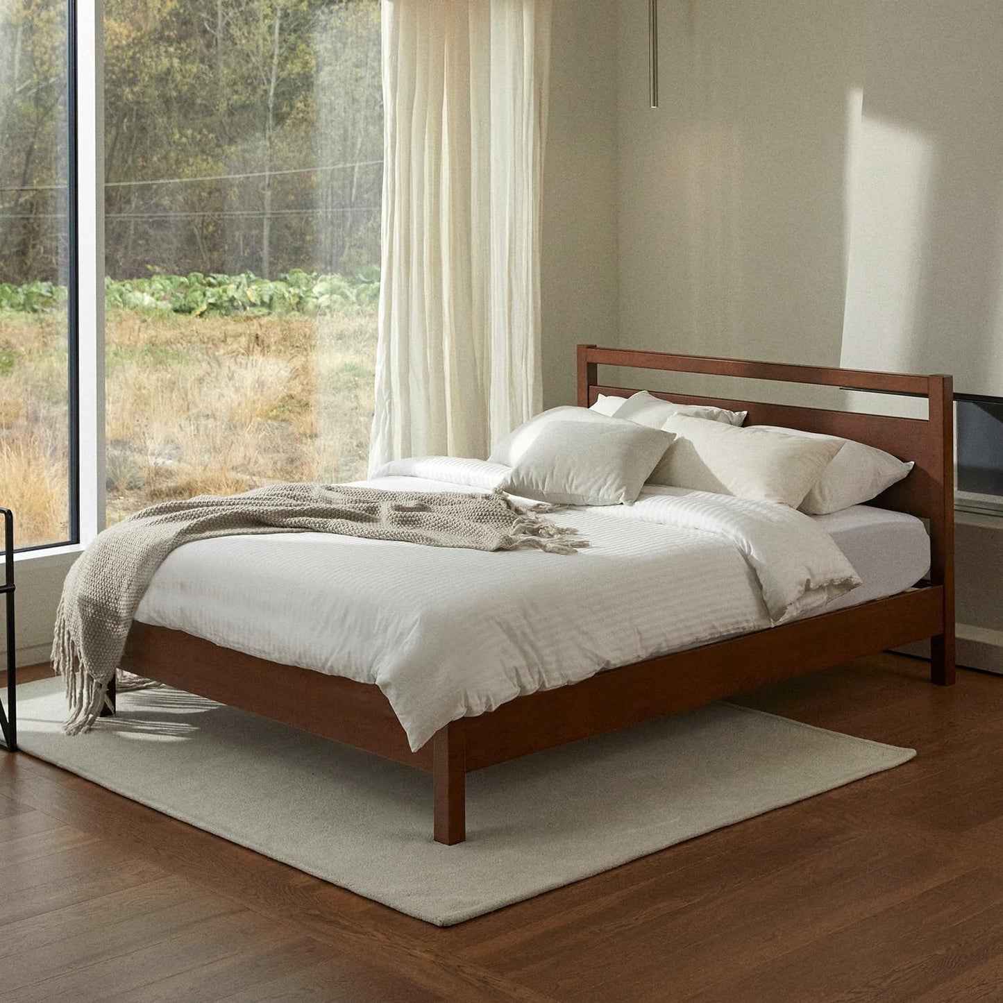 Queen Cherry Wood Platform Bed with Headboard & Under Bed Storage