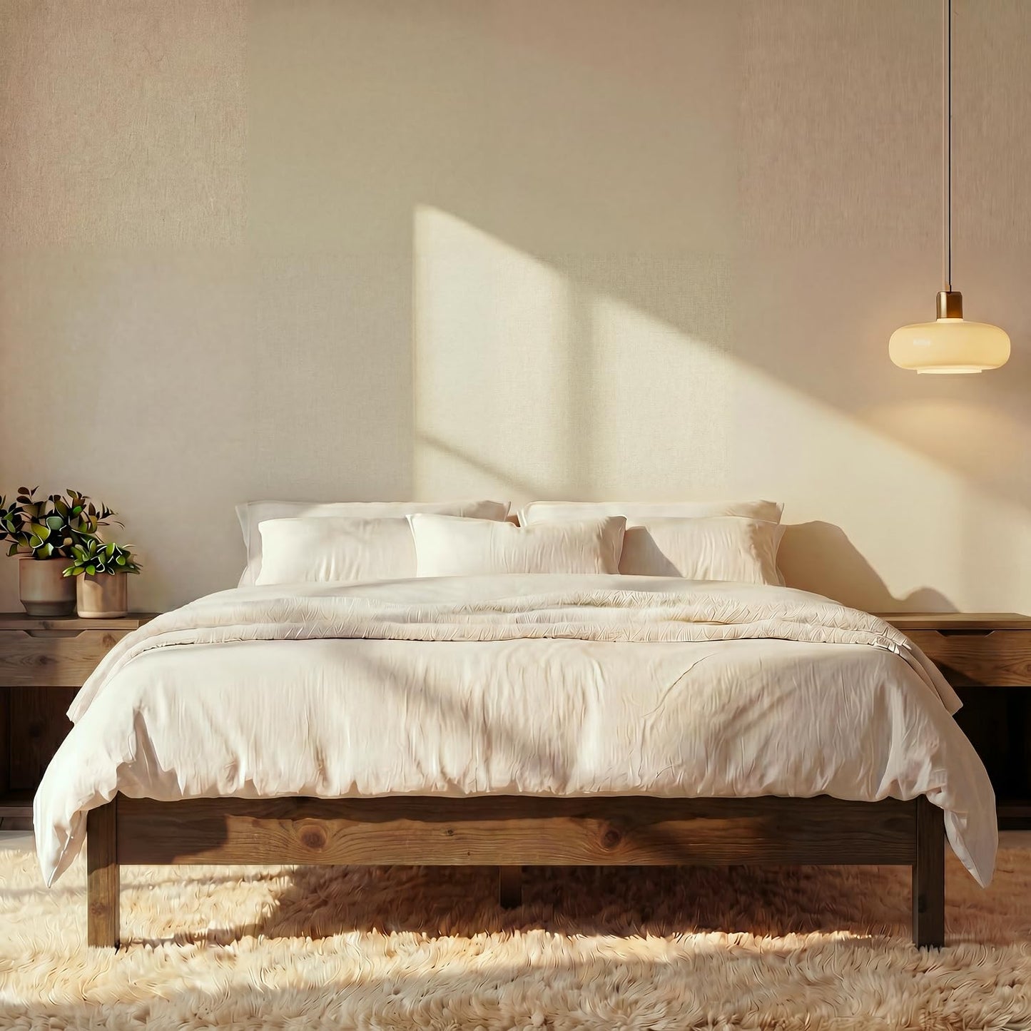 Queen Cherry Wood Platform Bed with Headboard & Under Bed Storage