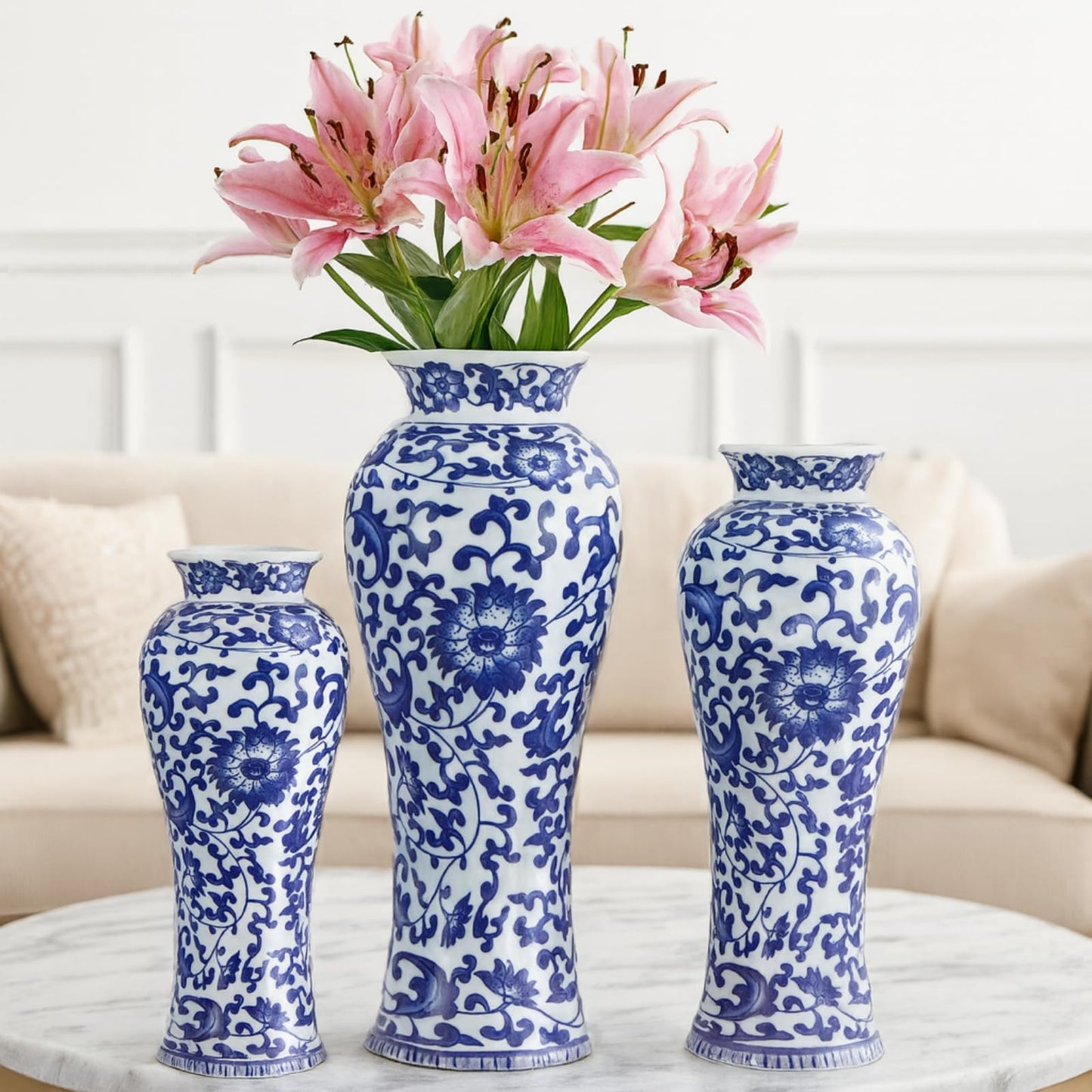LemonRoad 3 Pack Chinoiserie Vases Porcelain Blue and White Vases for Flowers Pottery Chinoiserie Ceramic Vase for Living Room Mother's Day Decor Table Centerpiece, 6.7", 8.3", 10"(Lotus)