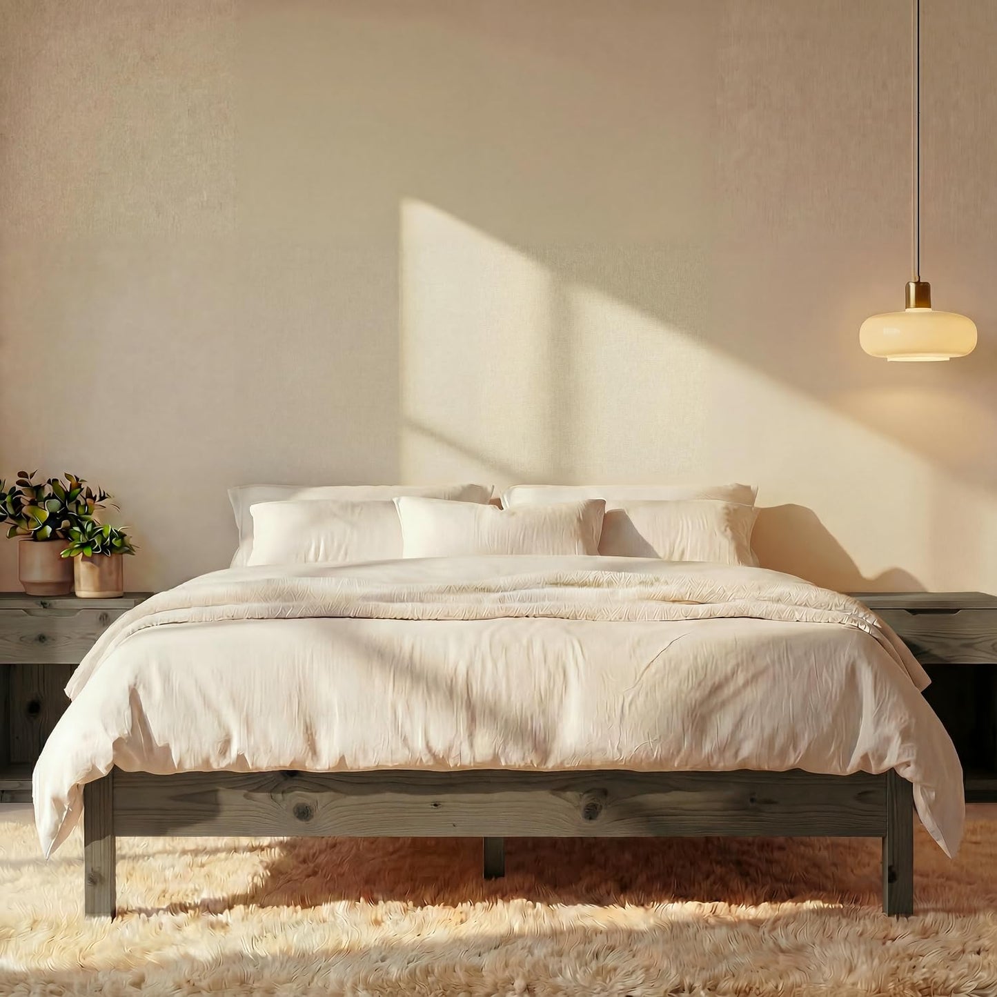 Queen Cherry Wood Platform Bed with Headboard & Under Bed Storage
