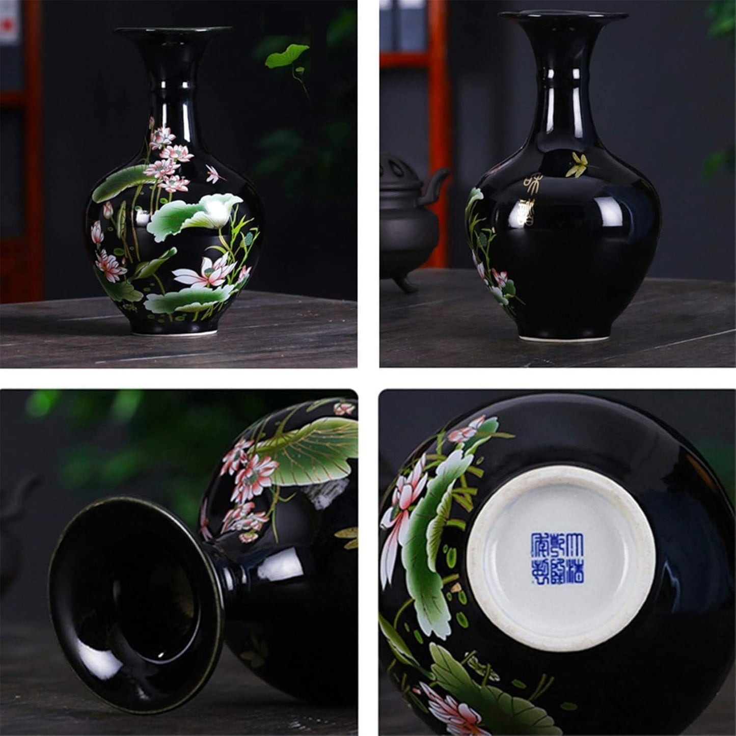9.45'' China Style Decorative Vase, Classic Ceramic Vases for Art Home Decoration, Chinese Retro Porcelain Ceramic Vase with Base, Jingdezhen Ceramic Oriental Vase - Black