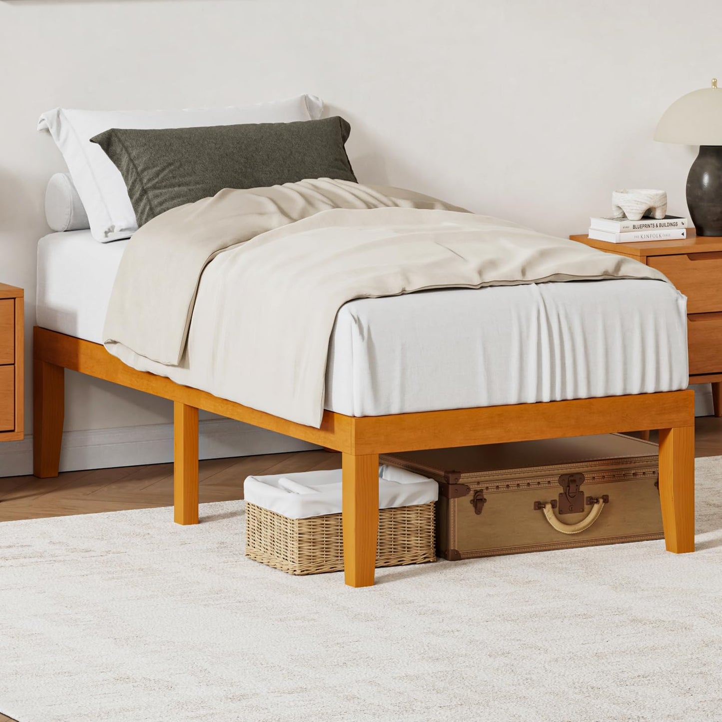 DUMOS Twin Bed Frame, Solid Wooden Bed Base with Wood Slat Support, Sturdy, Stylish & Noise-Free Design, No Box Spring Needed, Easy Assembly, 12 in Natural Pine