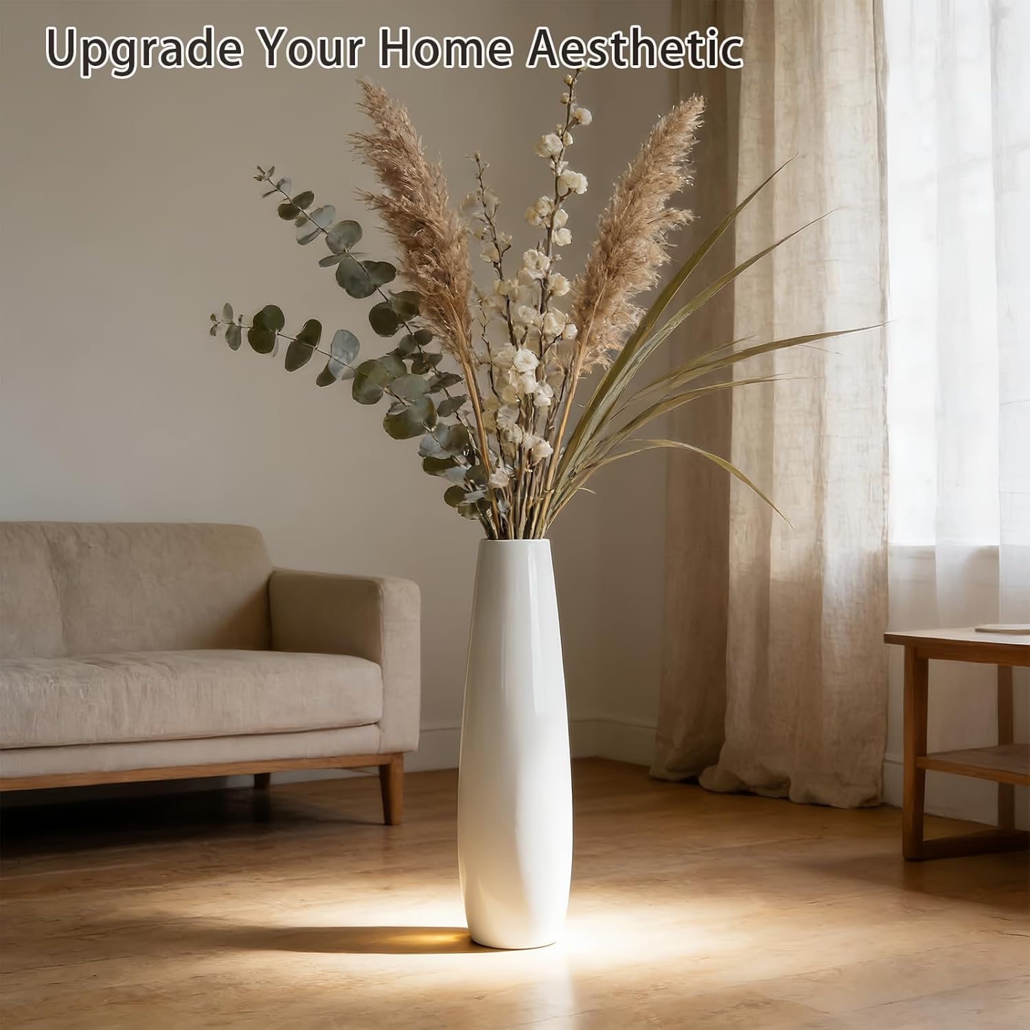 24" Tall Ceramic Floor Vase, GDSZJLJ White Large Decorative Vases for Modern Home Decor, Living Room, Minimalist Style Big Flower Vase for Pampas Grass, Flowers, Twigs, Office, Bedroom Décor