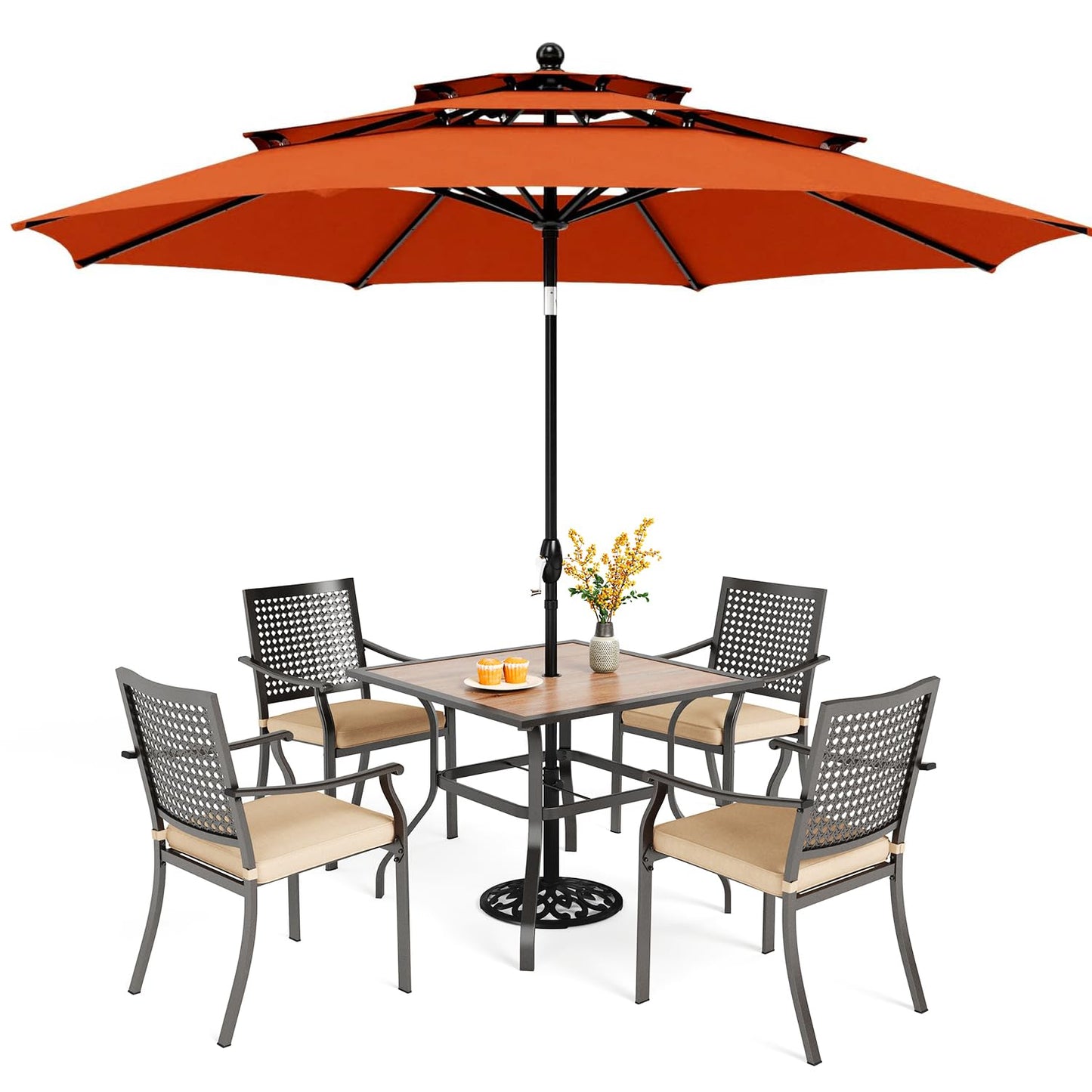 PHI VILLA 5 Pieces Outdoor Dining Set for 4 with Umbrella, 42" Large Round Metal Steel Table & Stackable Iron Chairs with Cushions & 10ft Beige Umbrella, Modern Furniture for Patio, Deck, Yard, Porch