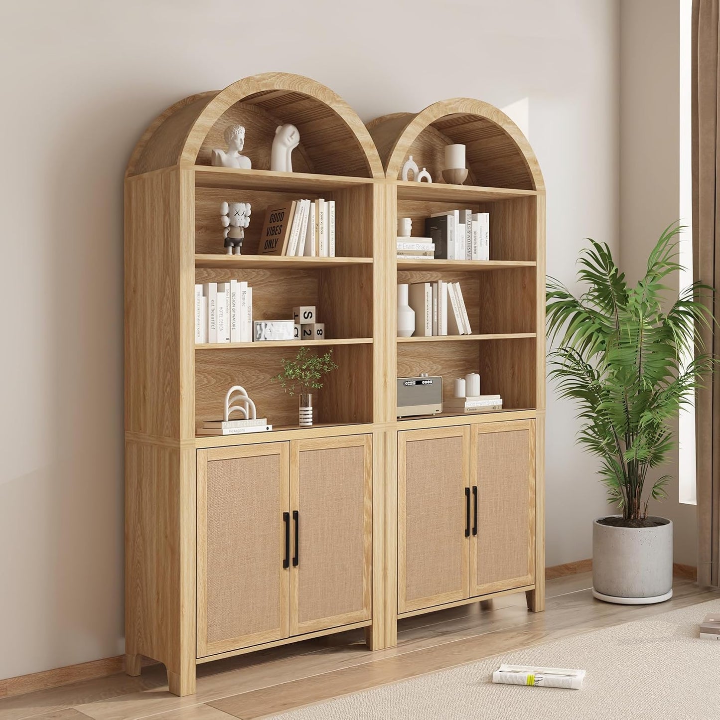 Janmer Home 71" Tall Arched Bookcase with Doors | 6-Tier Mid-Century Modern Arched Bookshelf Storage Cabinet | Adjustable Shelves | Freestanding Display Shelf for Living Room, Office (Natural)