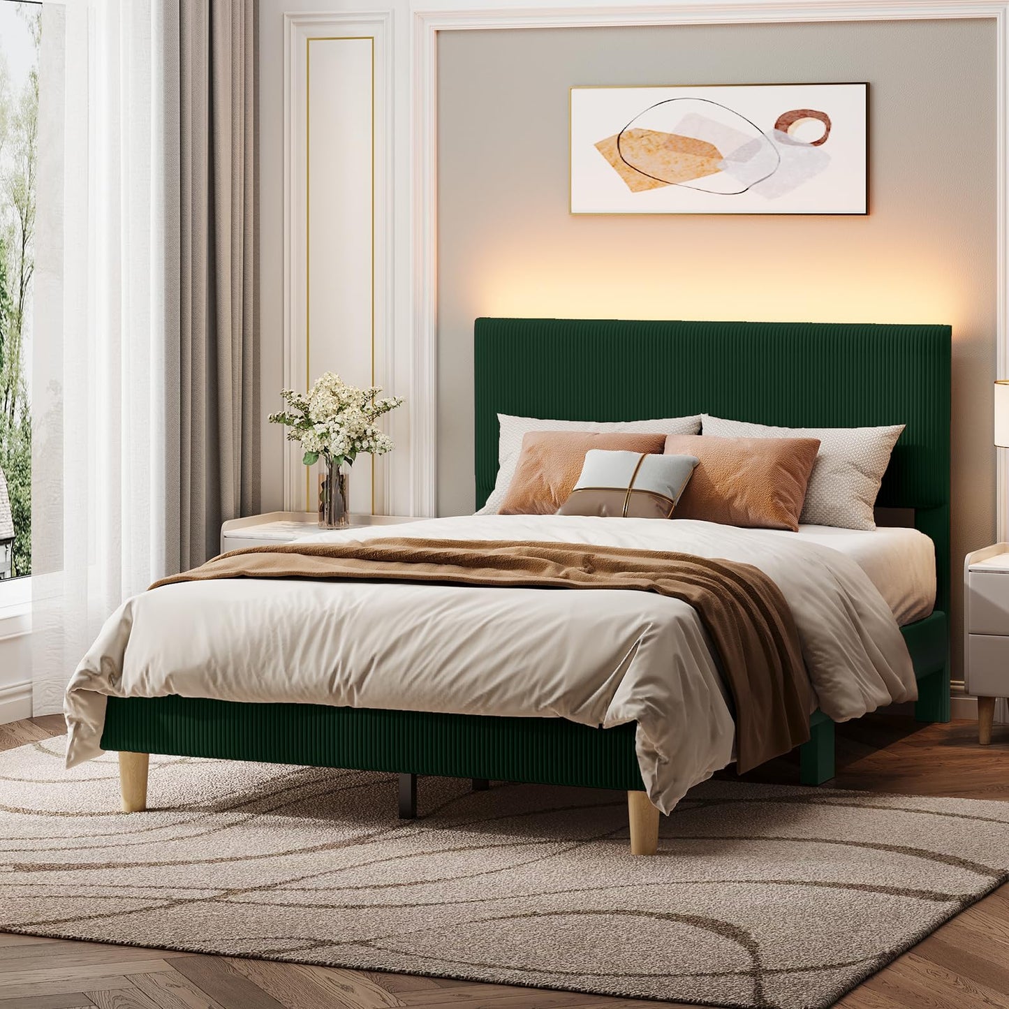 Bestier Queen Bed Frame with Headboard,Platform Queen Size Bed Frame with LED Lighting,Bed Frame Wooden Slats Support,No Box Spring Needed,Never Squeaks, Easy Assembly,Beige