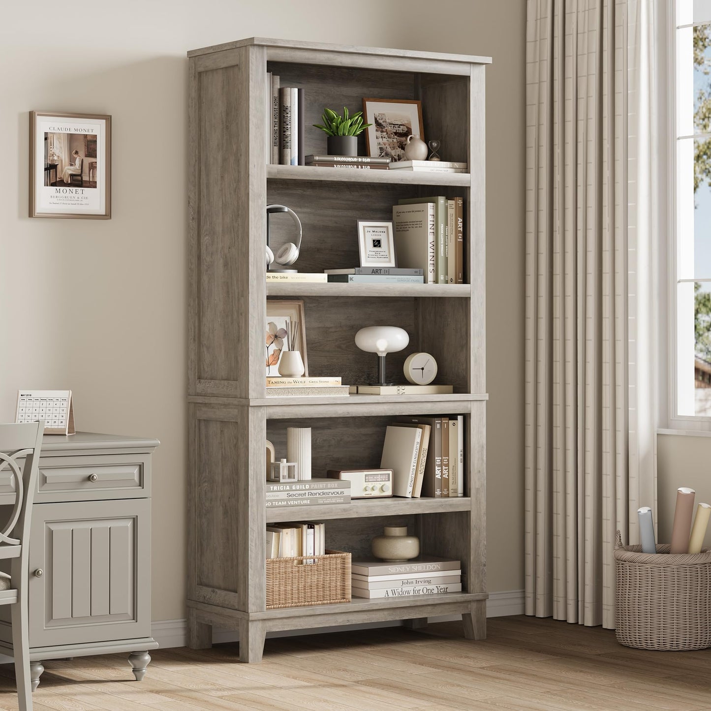 IDEALHOUSE 71" Farmhouse Bookshelf w/Adjustable Shelves & 31.5 in Whidth, 5 Tier Tall Bookshelf with Wooden Legs, Vintage Wooedn Book Shelf for Living Room Office (White, 71.3" H x 31.5" W x 11.8" D)