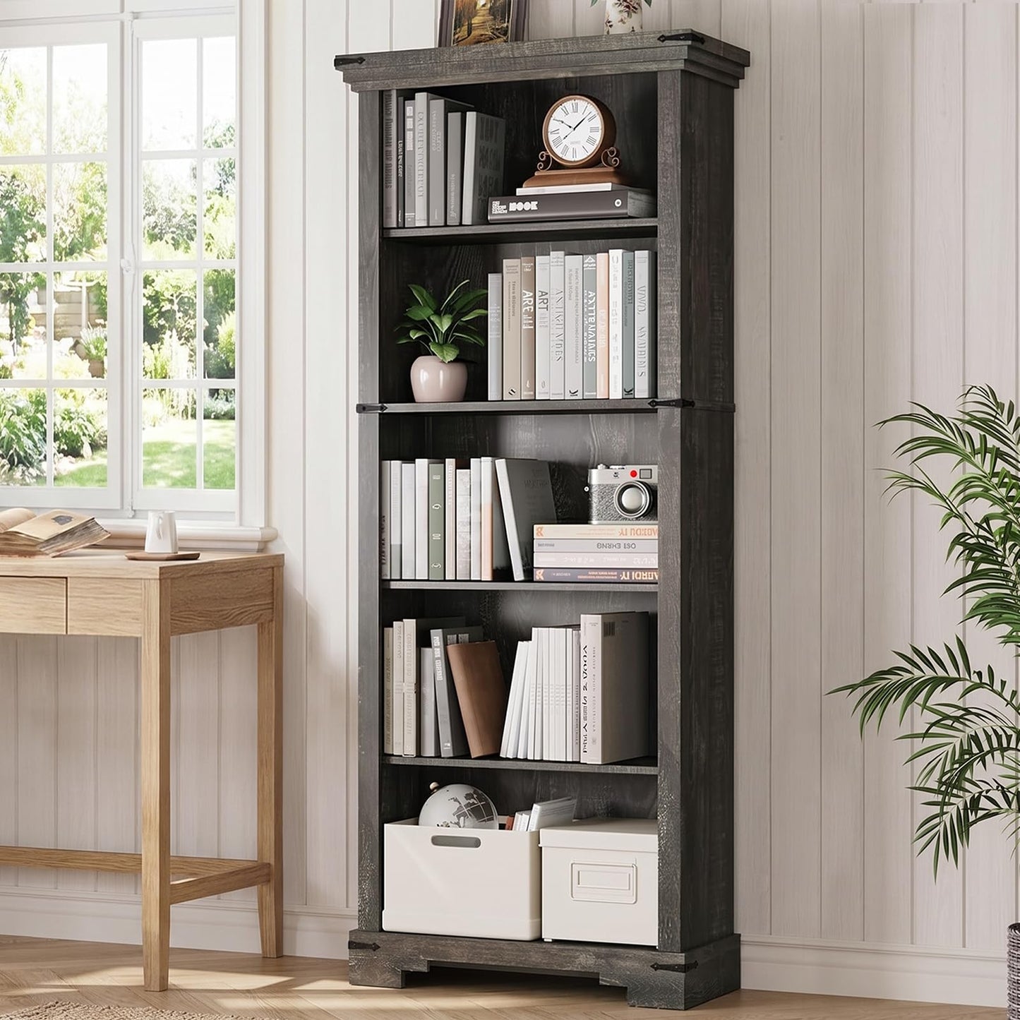 61.1" White 5 Tier Farmhouse Storage Bookshelf with Adjustable Shelf