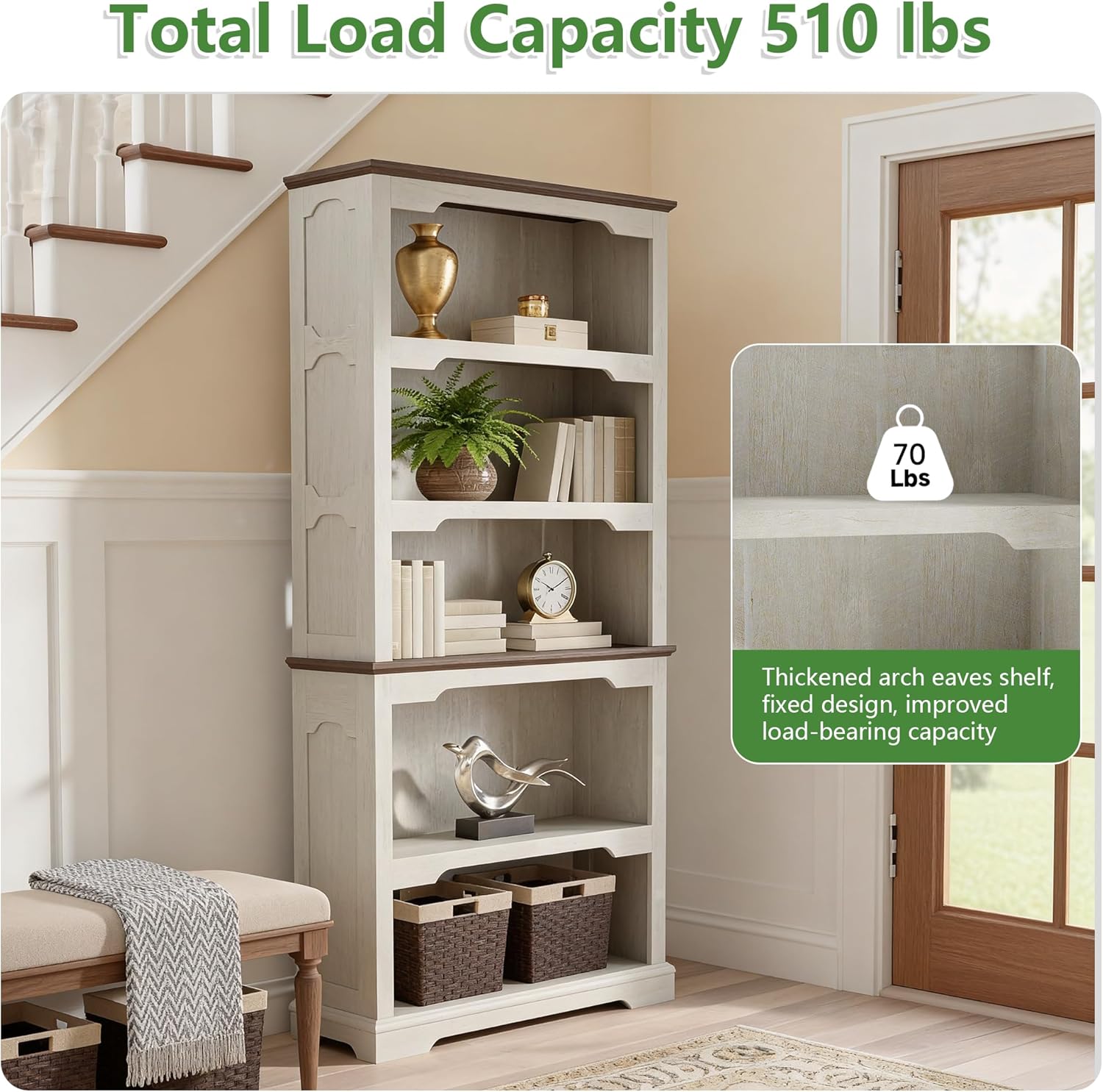 70" Two-Tone 5-Tier Farmhouse Bookshelf with Arched Trim Open Storage Shelves