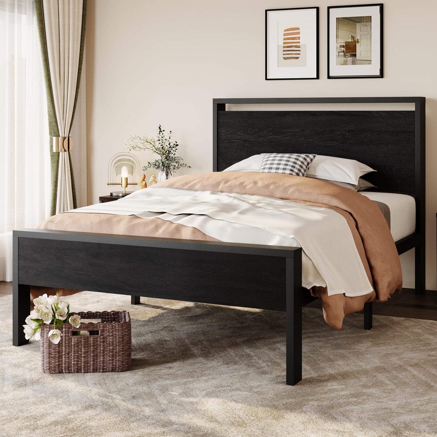SHA CERLIN 14 Inch Queen Size Metal Platform Bed Frame with Wooden Headboard and Footboard, Mattress Foundation, No Box Spring Needed, Large Under Bed Storage, Non-Slip Without Noise, Mahogany