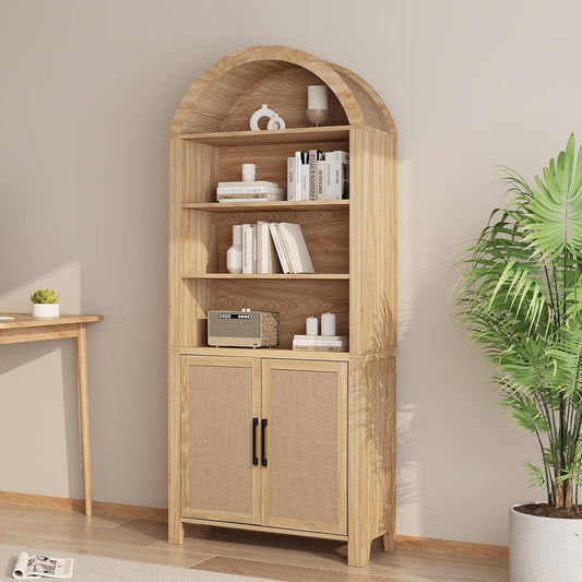 Janmer Home 71" Tall Arched Bookcase with Doors | 6-Tier Mid-Century Modern Arched Bookshelf Storage Cabinet | Adjustable Shelves | Freestanding Display Shelf for Living Room, Office (Natural)