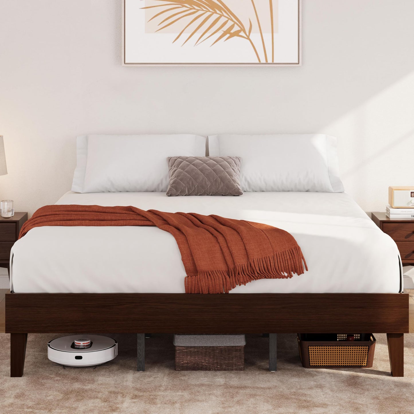 Yaheetech Full Bed Frame Natural Solid Wood Platform Bed with Wooden Slats Support, 12-inch Underbed Space for Storage, Noise-Free Design, Easy Assembly, Dark Walnut Finish