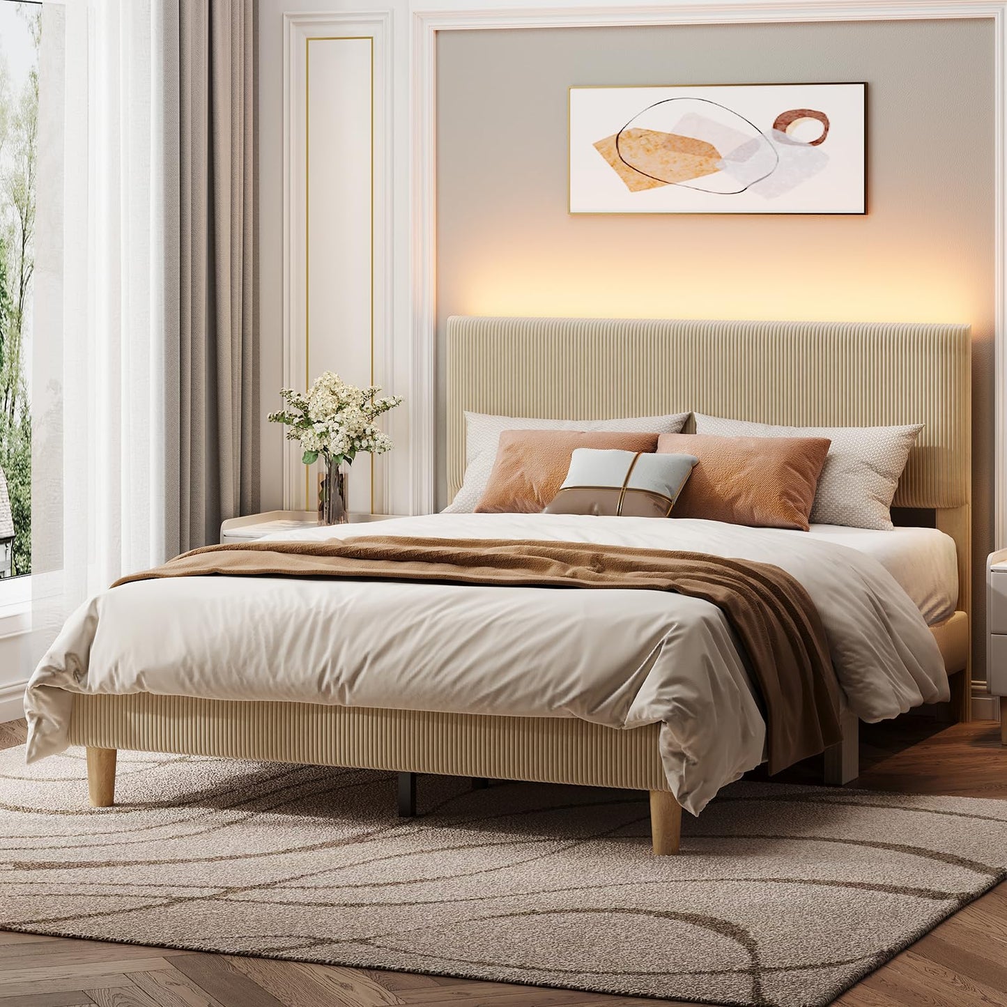 Bestier Queen Bed Frame with Headboard,Platform Queen Size Bed Frame with LED Lighting,Bed Frame Wooden Slats Support,No Box Spring Needed,Never Squeaks, Easy Assembly,Beige