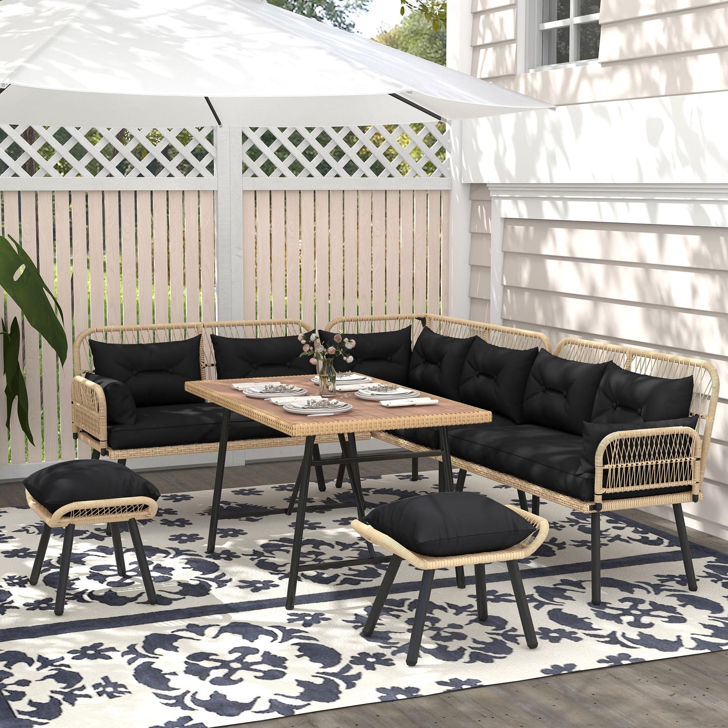 YITAHOME Patio Wicker L-Shaped Furniture Set, All-Weather Rattan Outdoor Conversation Sofa Set for Backyard Deck with Soft Cushions,Ottomans and Plastic Wood Dining Table (Light Brown+Beige)