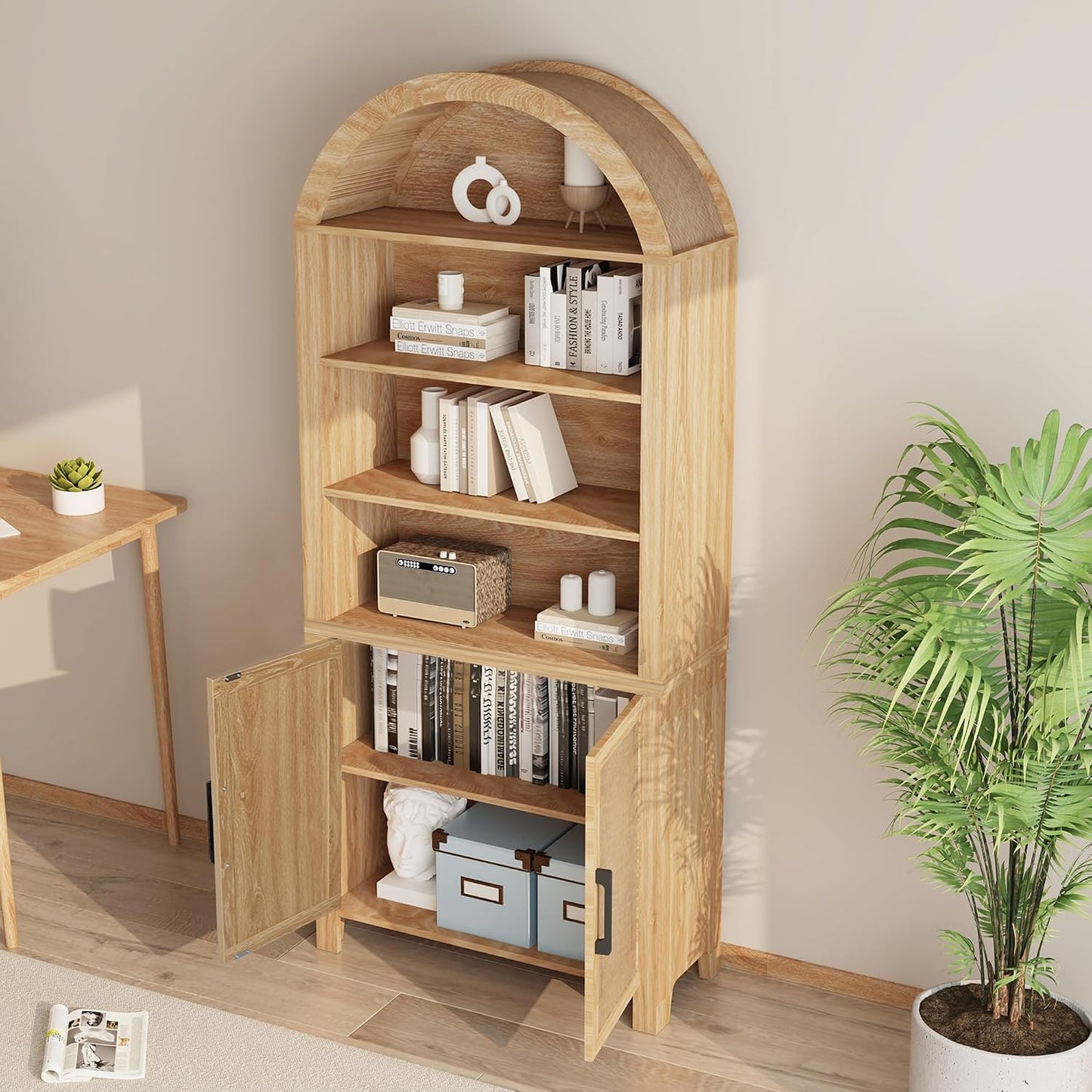 Janmer Home 71" Tall Arched Bookcase with Doors | 6-Tier Mid-Century Modern Arched Bookshelf Storage Cabinet | Adjustable Shelves | Freestanding Display Shelf for Living Room, Office (Natural)
