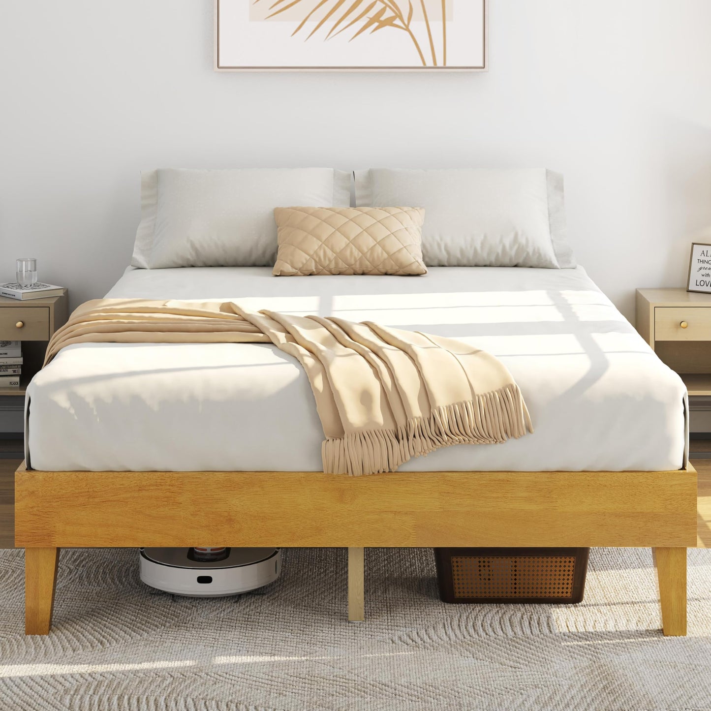Yaheetech Full Bed Frame Natural Solid Wood Platform Bed with Wooden Slats Support, 12-inch Underbed Space for Storage, Noise-Free Design, Easy Assembly, Dark Walnut Finish