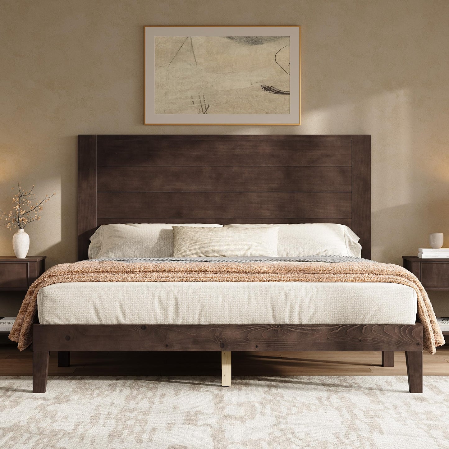 AMERLIFE Queen Size Bed Frame with 48" Tall Headboard, Mid Century Modern Solid Wood Platform Bed with Silent Wood Slat System, No Box Spring Needed, Under-Bed Storage, Dark Walnut