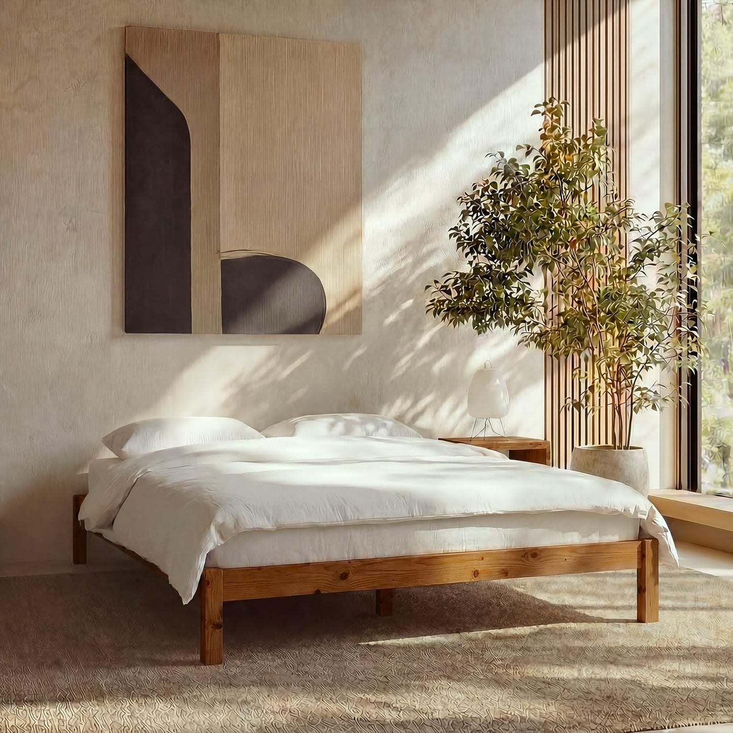 Queen Cherry Wood Platform Bed with Headboard & Under Bed Storage