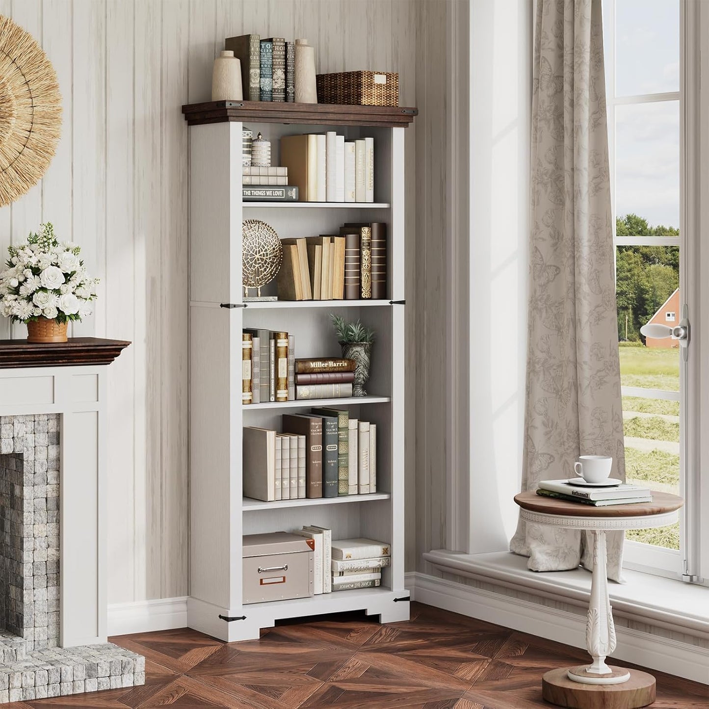 61.1" White 5 Tier Farmhouse Storage Bookshelf with Adjustable Shelf