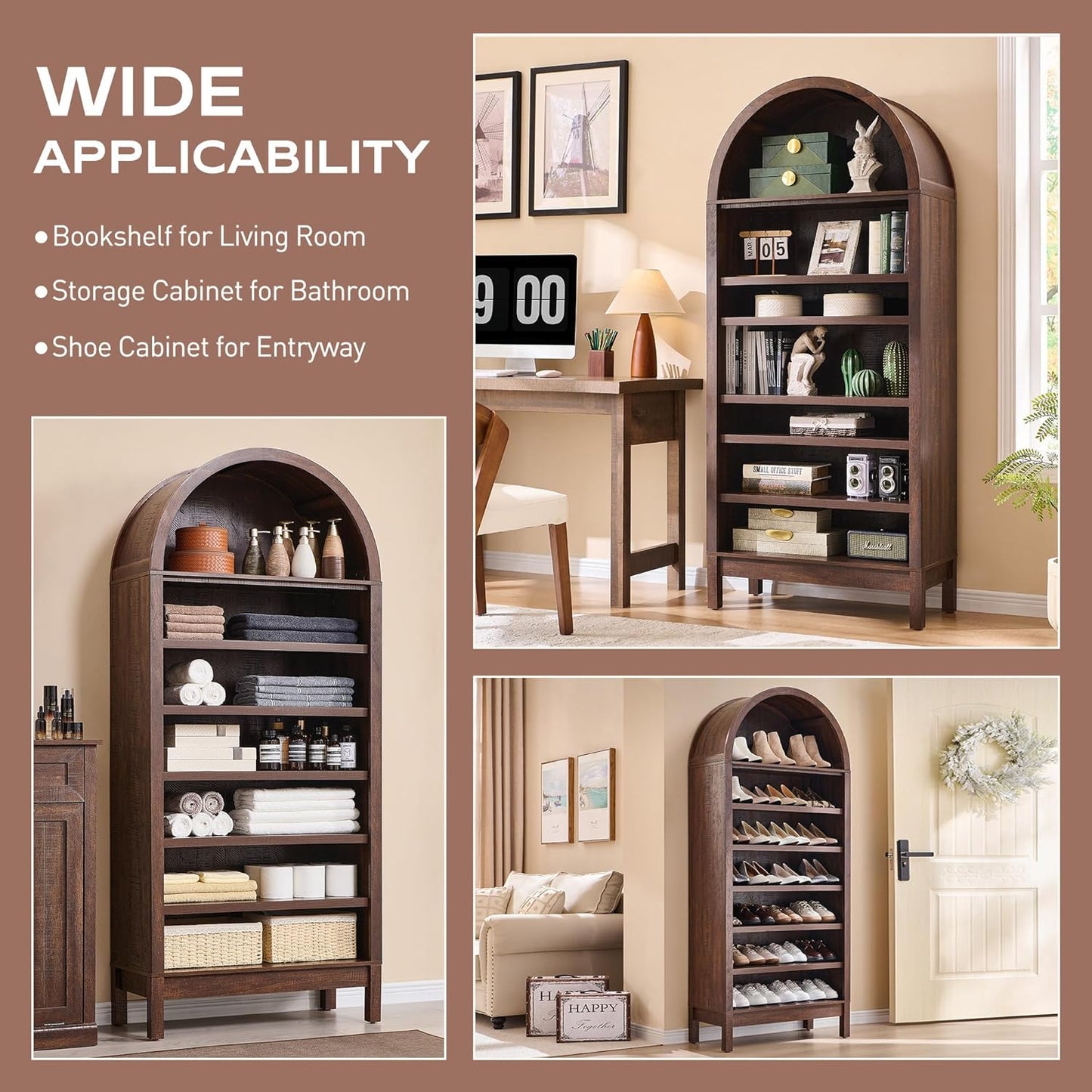 IFGET 71" Tall Arched Bookshelf, 7 Tiers Arch Bookcase with Storage, Modern Farmhouse Book Shelf with Adjustable Shelves, Wood Bookshelf w/Open Display Shelves for Living Room, Office (Brown)