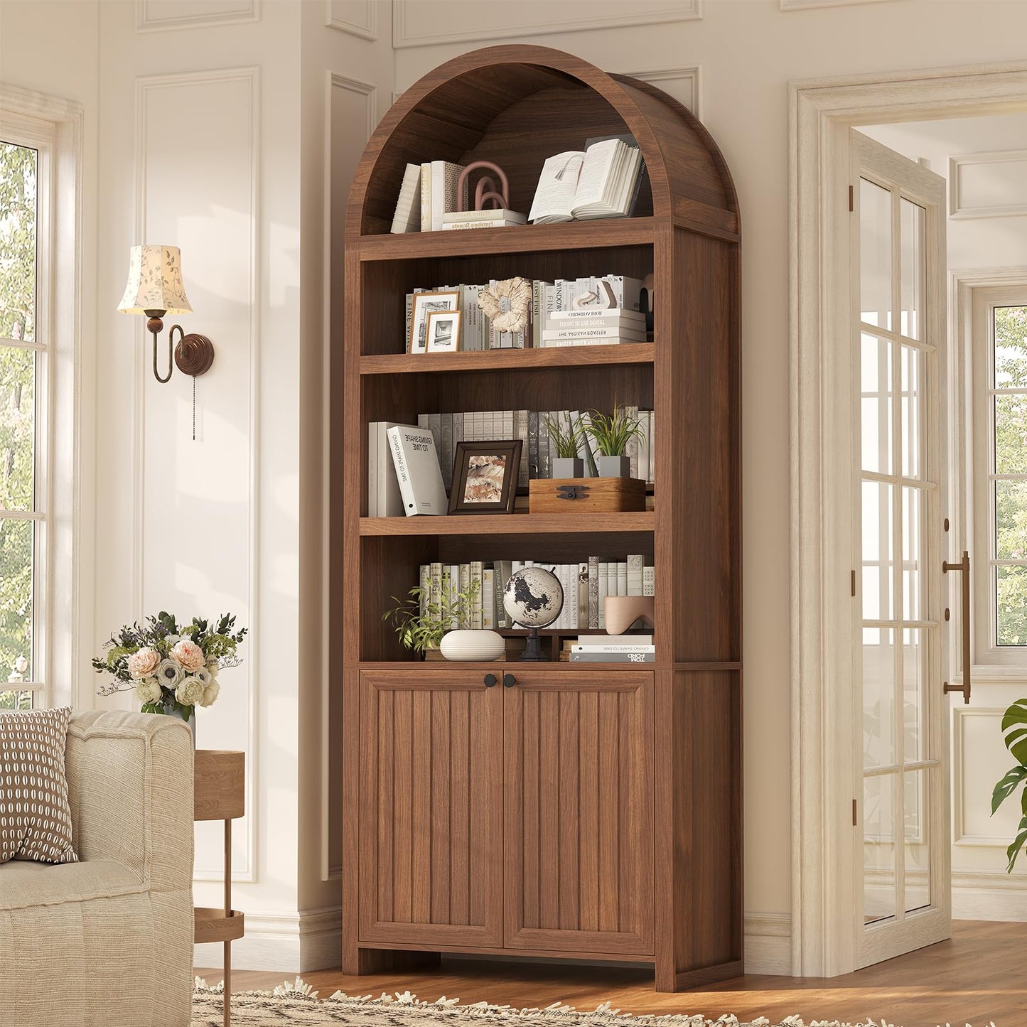 81" Tall Arched Cabinets,Bookcase with storage,Mid-Century Modern 6-Tier Bookshelf with Door,2 Book Risers and Adjustable Shelves offering more storage space for Living Room,Kitchen,Home Office,Walnut