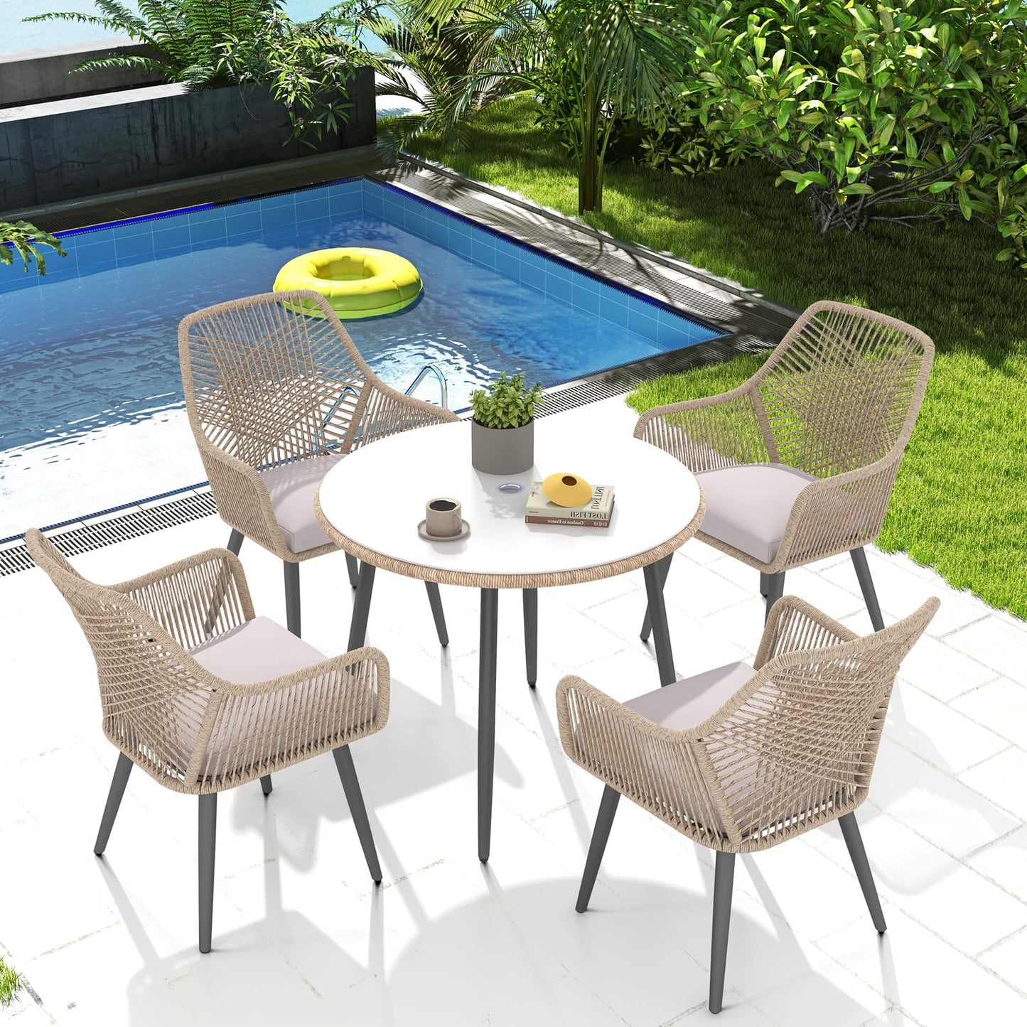 Patiorama 5-Piece Patio Dining Set, Outdoor Dining Table Chair Set, All-Weather Twisted Rattan Wicker Rope Conversation Set, Patio Furniture Set w/Umbrella Hole, 4 Cushioned Chairs&Glass Table(Tan)