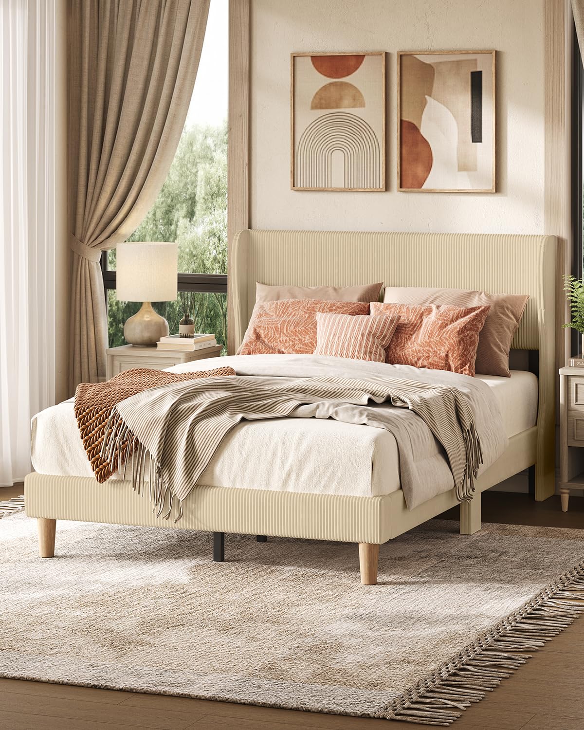 Bestier Queen Bed Frame with Headboard,Platform Queen Size Bed Frame with LED Lighting,Bed Frame Wooden Slats Support,No Box Spring Needed,Never Squeaks, Easy Assembly,Beige