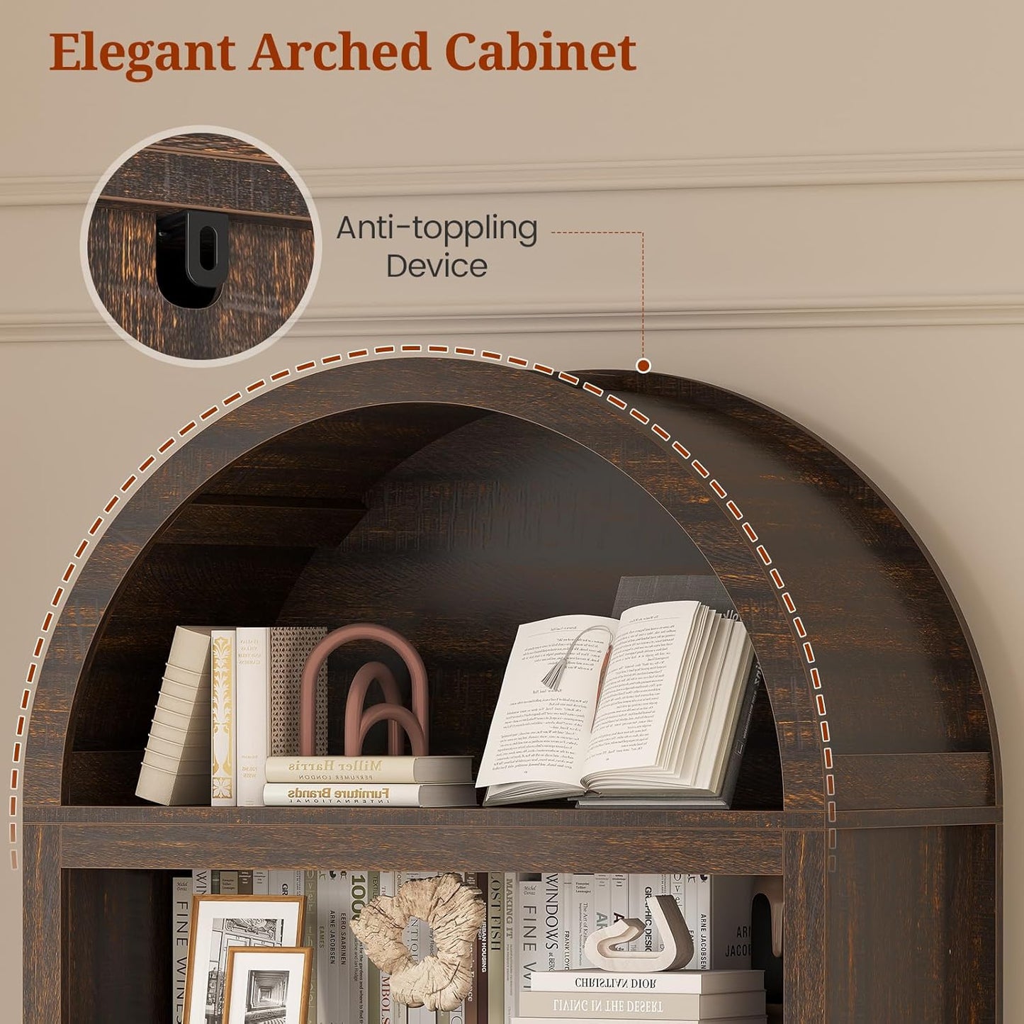 81" Tall Arched Cabinets,Bookcase with storage,Mid-Century Modern 6-Tier Bookshelf with Door,2 Book Risers and Adjustable Shelves offering more storage space for Living Room,Kitchen,Home Office,Walnut