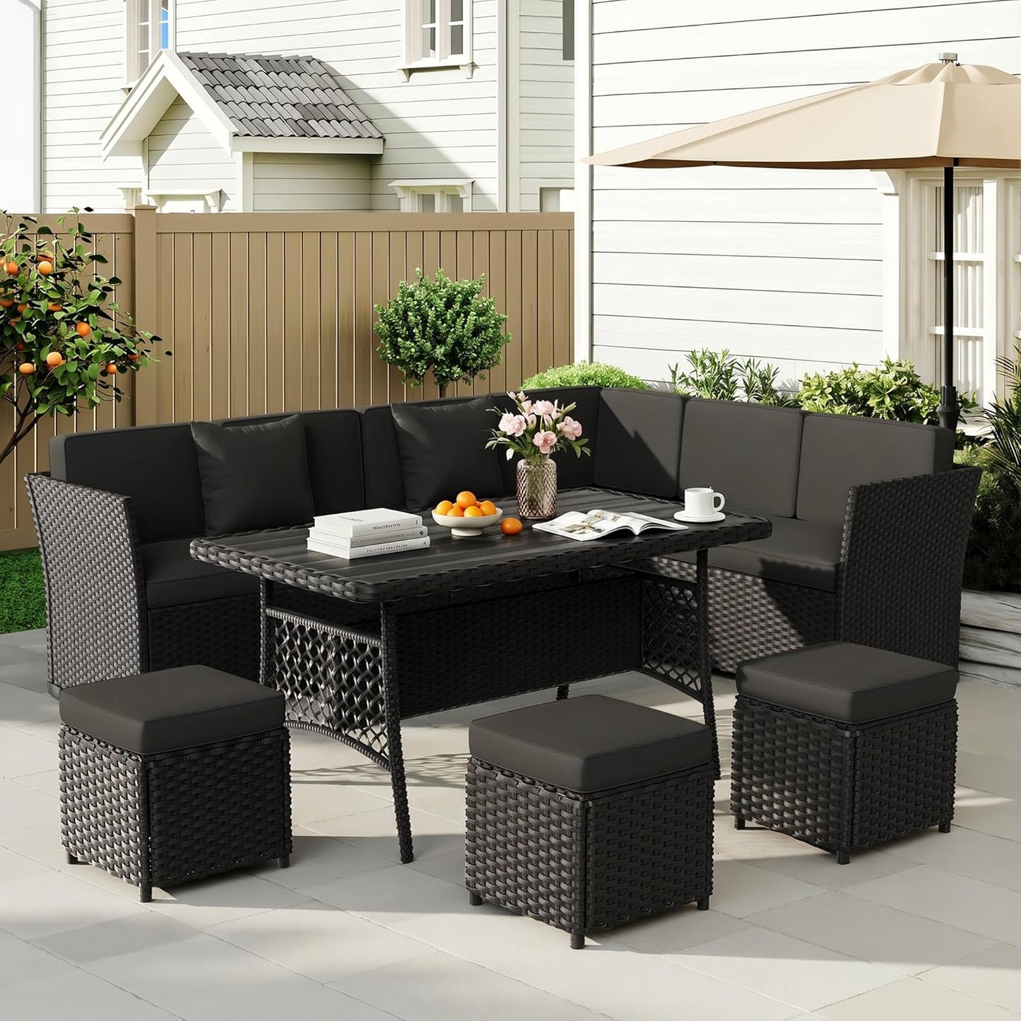 LOUVIXA 7 Pieces Patio Furniture Set, Outdoor Patio Furniture, Wicker Conversation Set with Dining Table, Chairs and Ottoman (17 Modern Black)