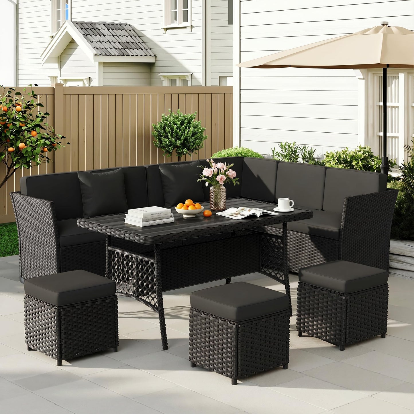 LOUVIXA 7 Pieces Patio Furniture Set, Outdoor Patio Furniture, Wicker Conversation Set with Dining Table, Chairs and Ottoman (17 Modern Black)