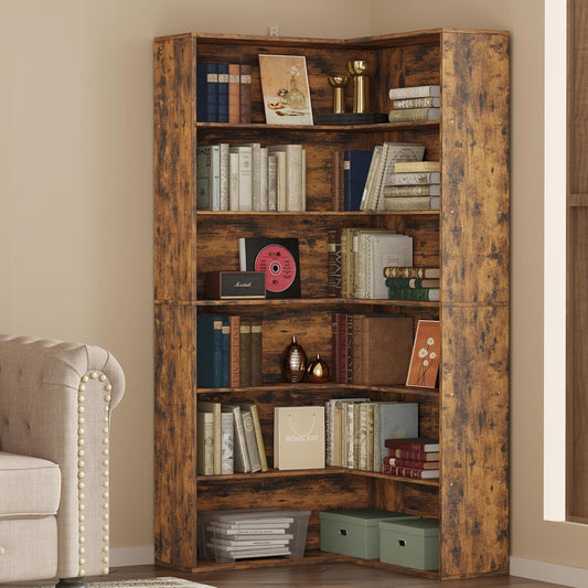 ANCTOR Corner Bookshelf, 6 Tiers Corner Bookcases with Baffles Etagere Shelf Storage Rack for Living Room Home Office, Vintage Brown