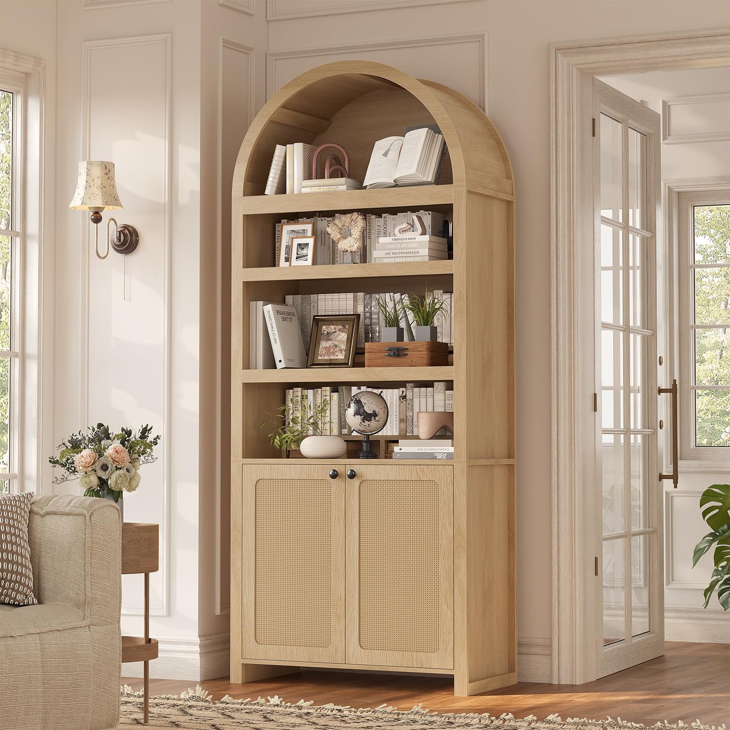 81" Tall Arched Cabinets,Bookcase with storage,Mid-Century Modern 6-Tier Bookshelf with Door,2 Book Risers and Adjustable Shelves offering more storage space for Living Room,Kitchen,Home Office,Walnut