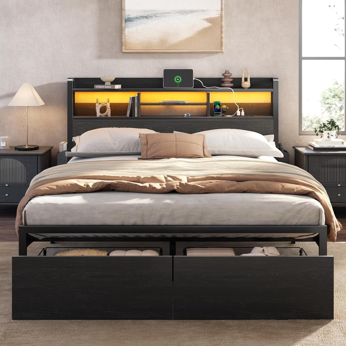 Furnulem Full Size Bed Frame with Wood Headboard, Metal Platform Bed Frame Full Size with 2 Storage Drawers and Shelf, LED Lights and Charging Station, No Box Spring Needed, Noise Free, Black