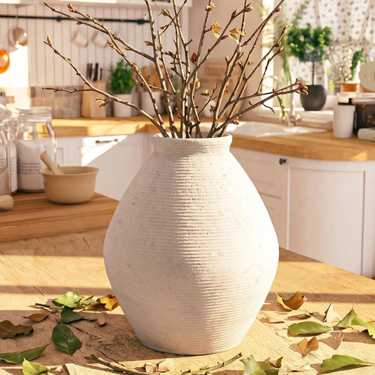 Ceramic Large Rustic Round Vase-11.8" Beige Pottery Textured White Ceramic Vase-Big Terracotta Vase Large Vases for Decor Living Room, Farmhouse Decor, Bedroom, Bathroom-(Off-White)